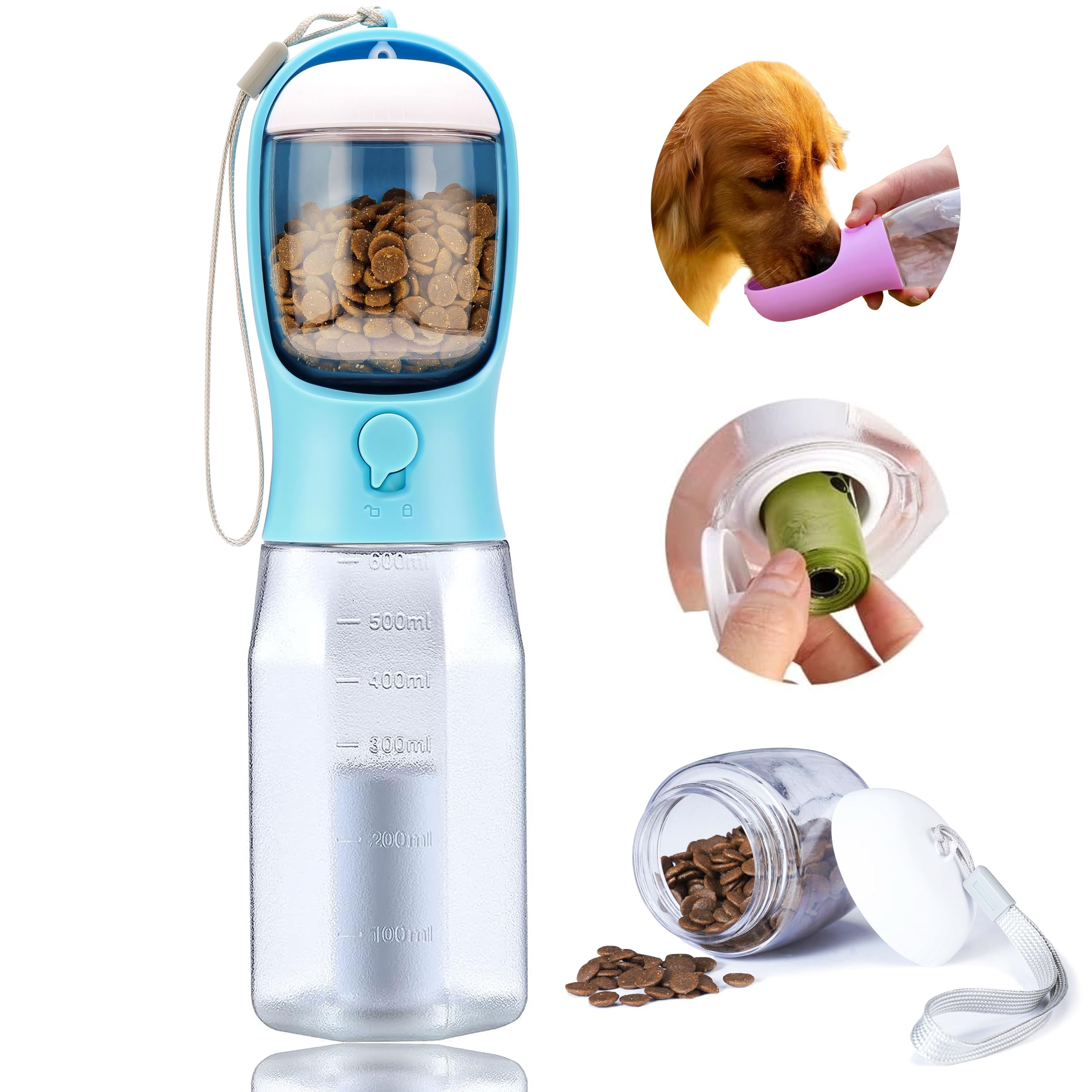 AVELORA Dog Water Bottle with Food Container, Portable Pet Dog Water Dispenser for Outdoor Walking,Hiking,Travel,Puppy Essentials,Puppy Supplies,