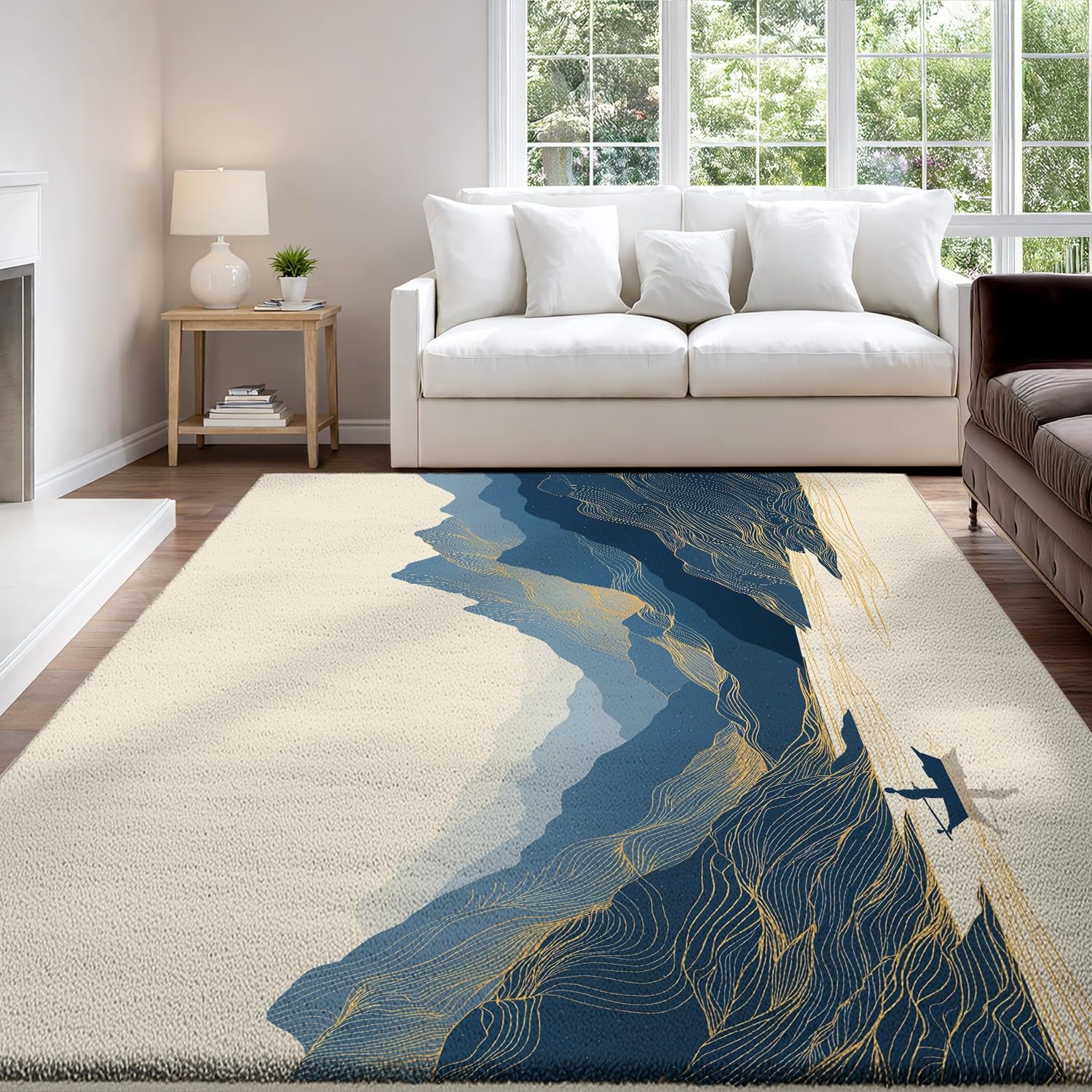 Generico 140 x 200 cm Dywan do salonu z krótkim włosiem, minimalistyczny elegancki spokojny dywan do sypialni, zmywalne dywaniki antypoślizgowe do salonu salonu, łatwy do czyszczenia, beżowy niebieski