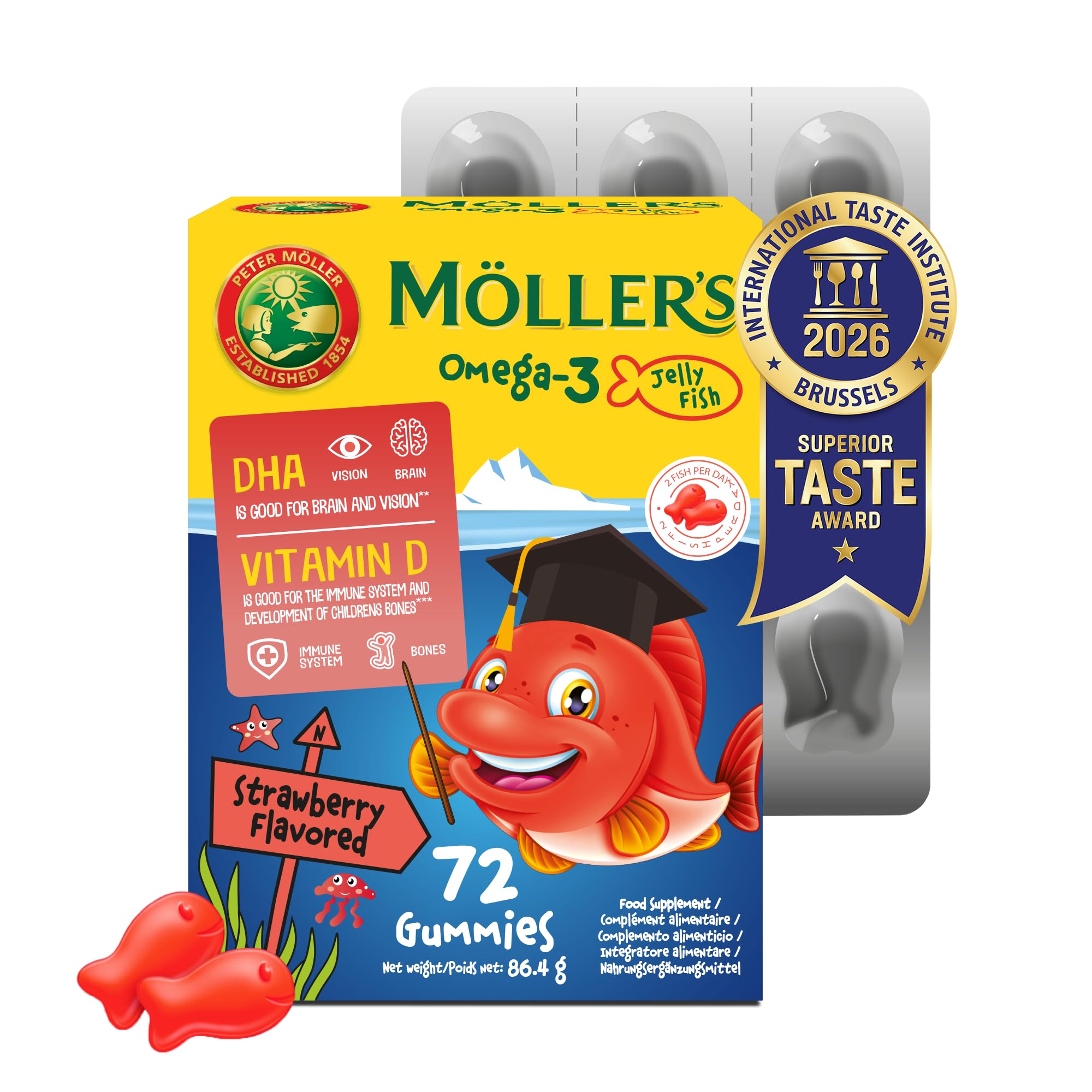 Möller's Omega 3 Kapseln für Kinder | Natürliche Omega 3 Fischtran mit Erdbeergeschmack | Mit DHA und EPA | Leicht zu kauen | Ohne Gluten, Laktose und Zucker | 72 Stück