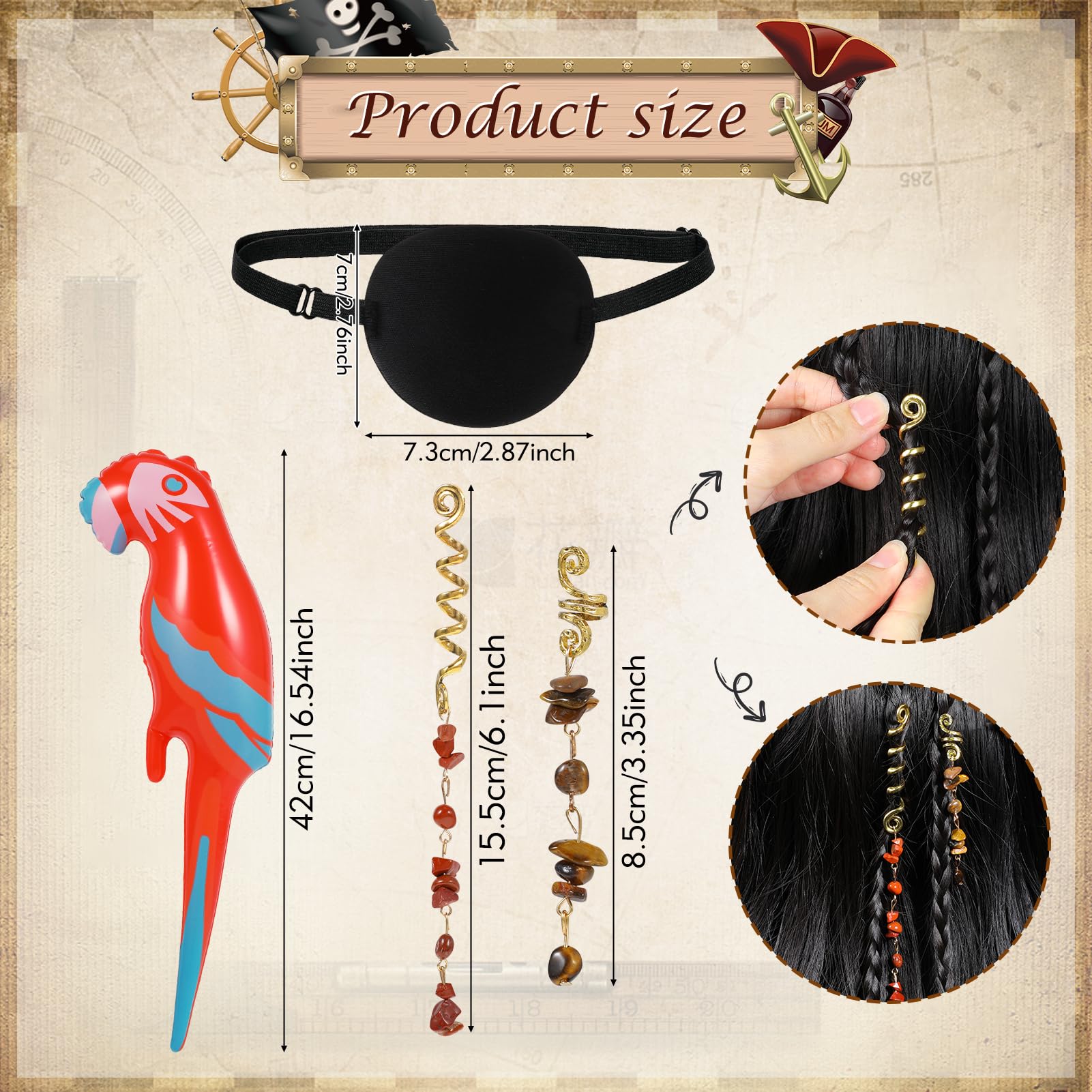 HOWAF Pirate Accessories Adult Women, Head Scarf, Eye Patch, Waist Chain, Earrings, Hair Accessories - Image 3
