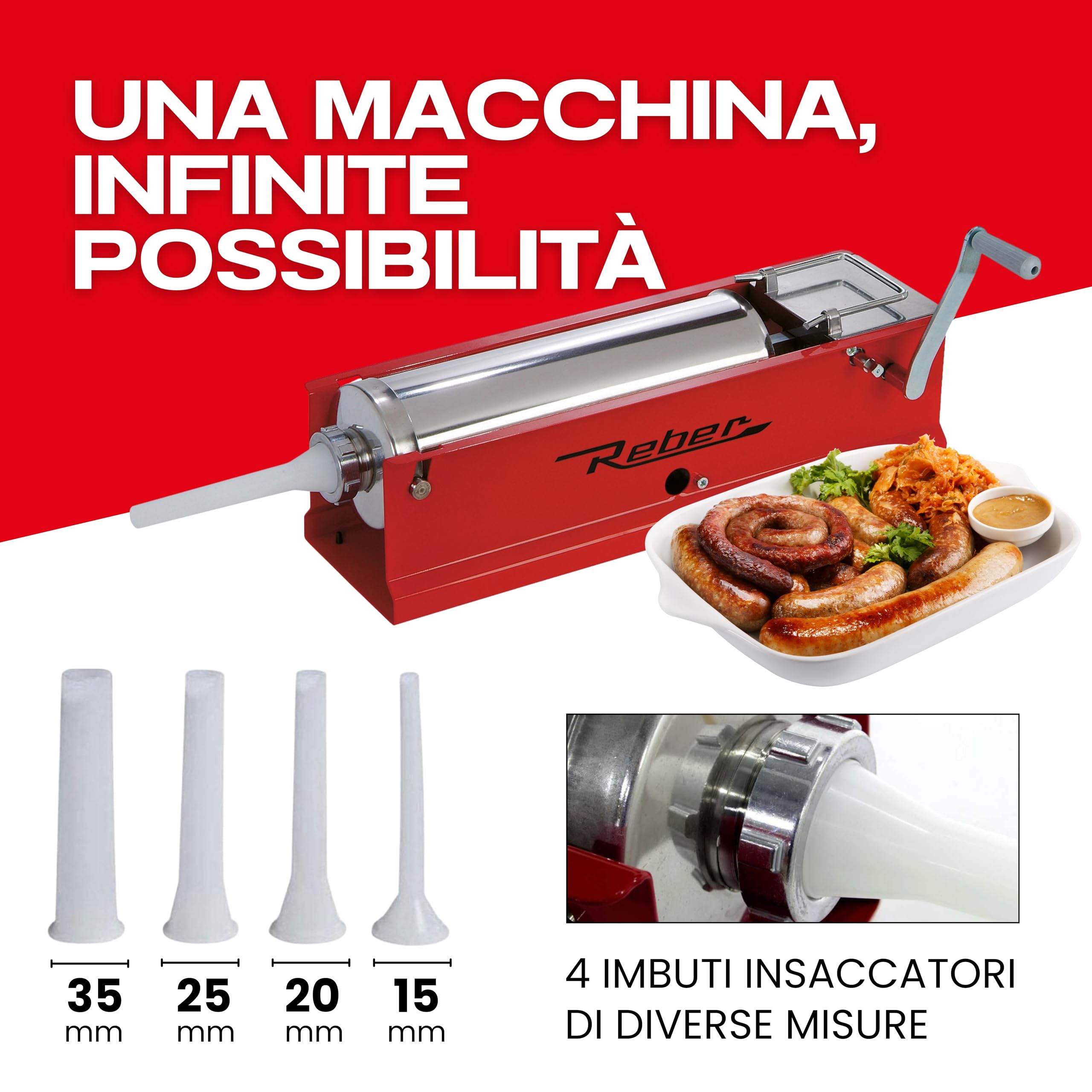 Reber Insaccatrice Manuale per Salsicce 6,8L/8KGS Orizzontale a 2 Velocità | Uso Domestico e Professionale - Struttura Robusta Acciaio INOX - Spelucchino cm. 7,5 e 4 Imbuti Inclusi