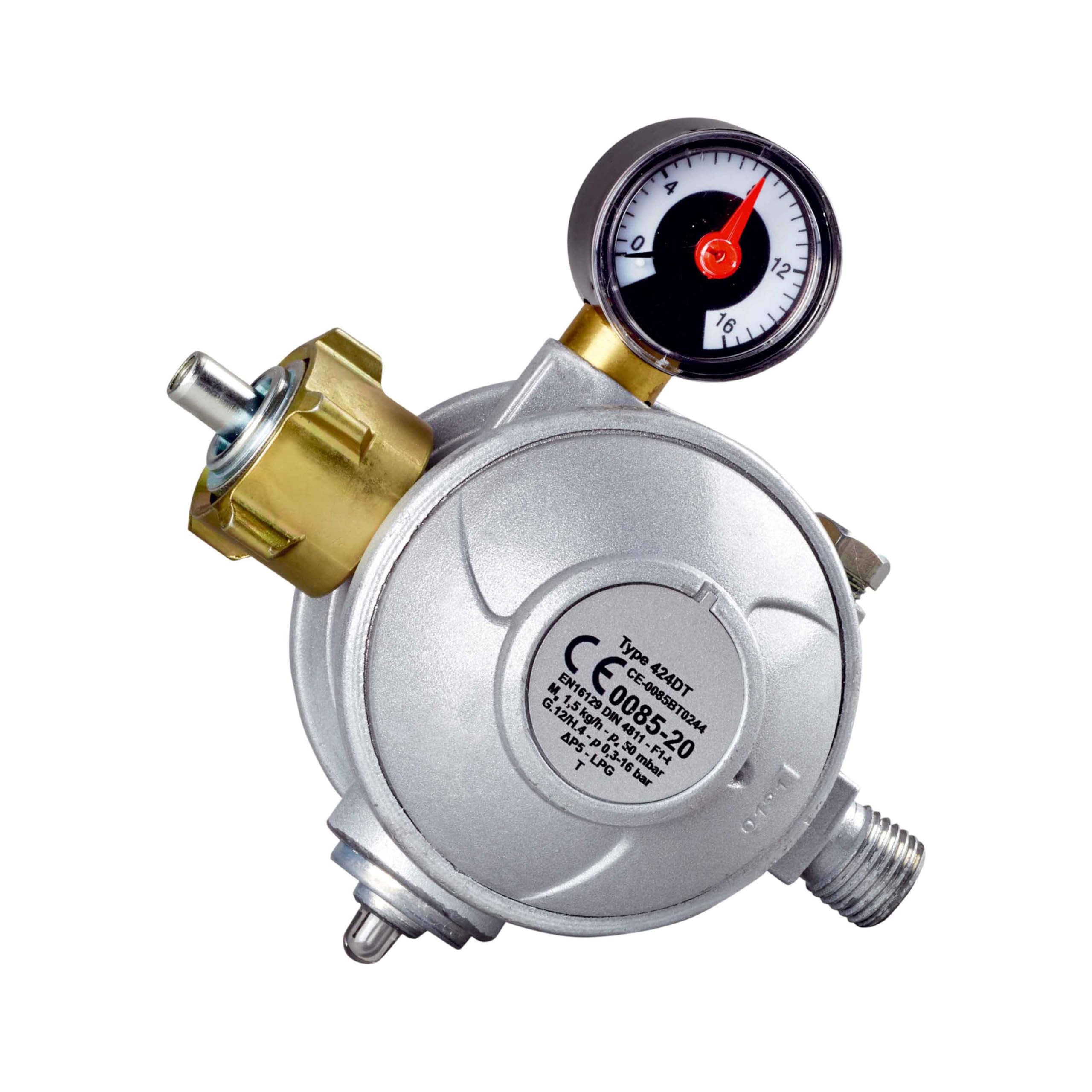 CFH Professionelles Gasdruckregler 50 mbar Set (52414 + 52419) - Druckminderer Gasflasche zweistufig mit Manometer & Gasflaschenschlüssel, Eingang G.12 und Ausgang H.4 1/4" gemäß EN 16129