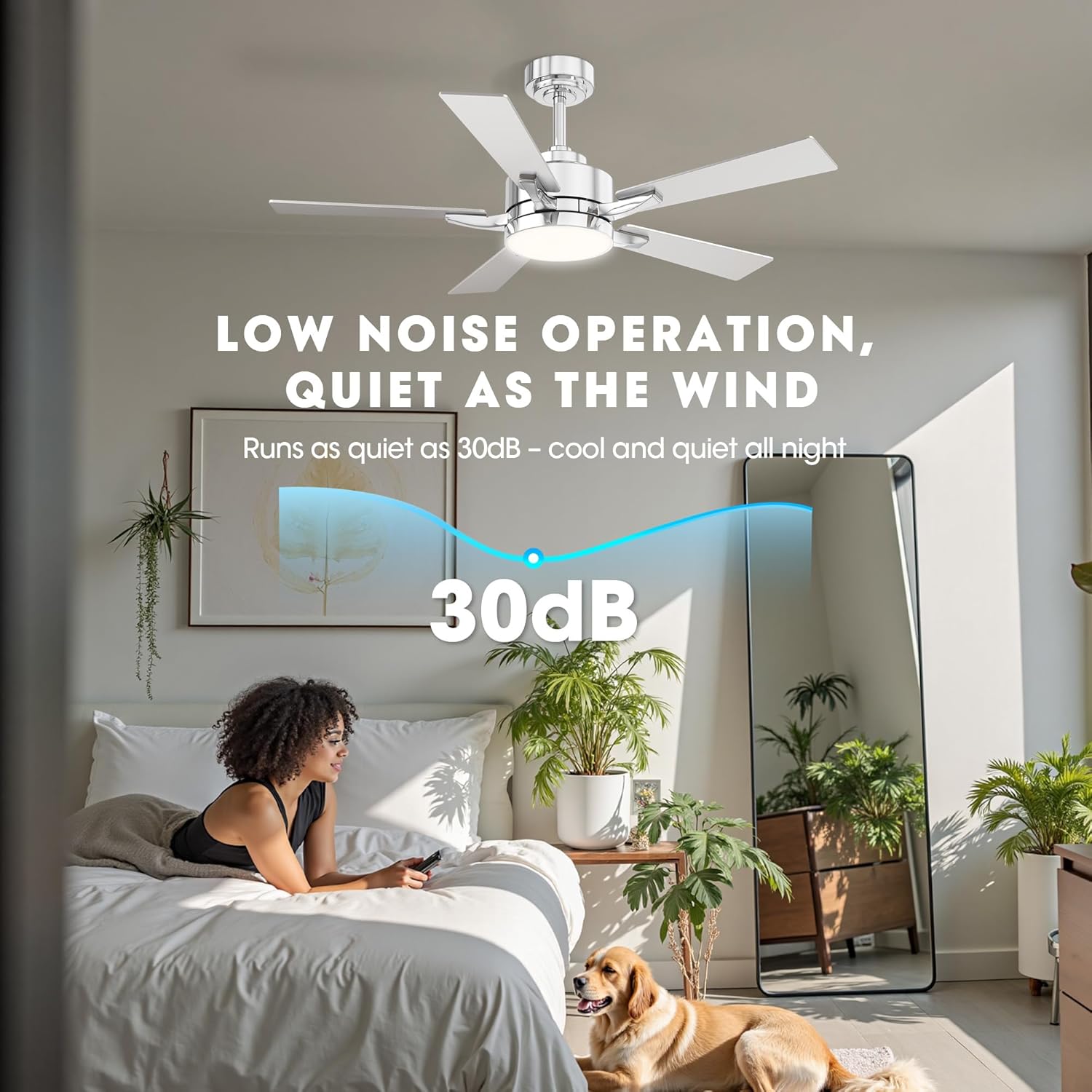 LUDOMIDE Ceiling Fan with Light, 42" Modern Low Profile Ceiling Fan with Light, DC Reversible Motor, Smart APP & Remote Control, Whisper Quiet, Dimmable LED for Bedroom/Living Room
