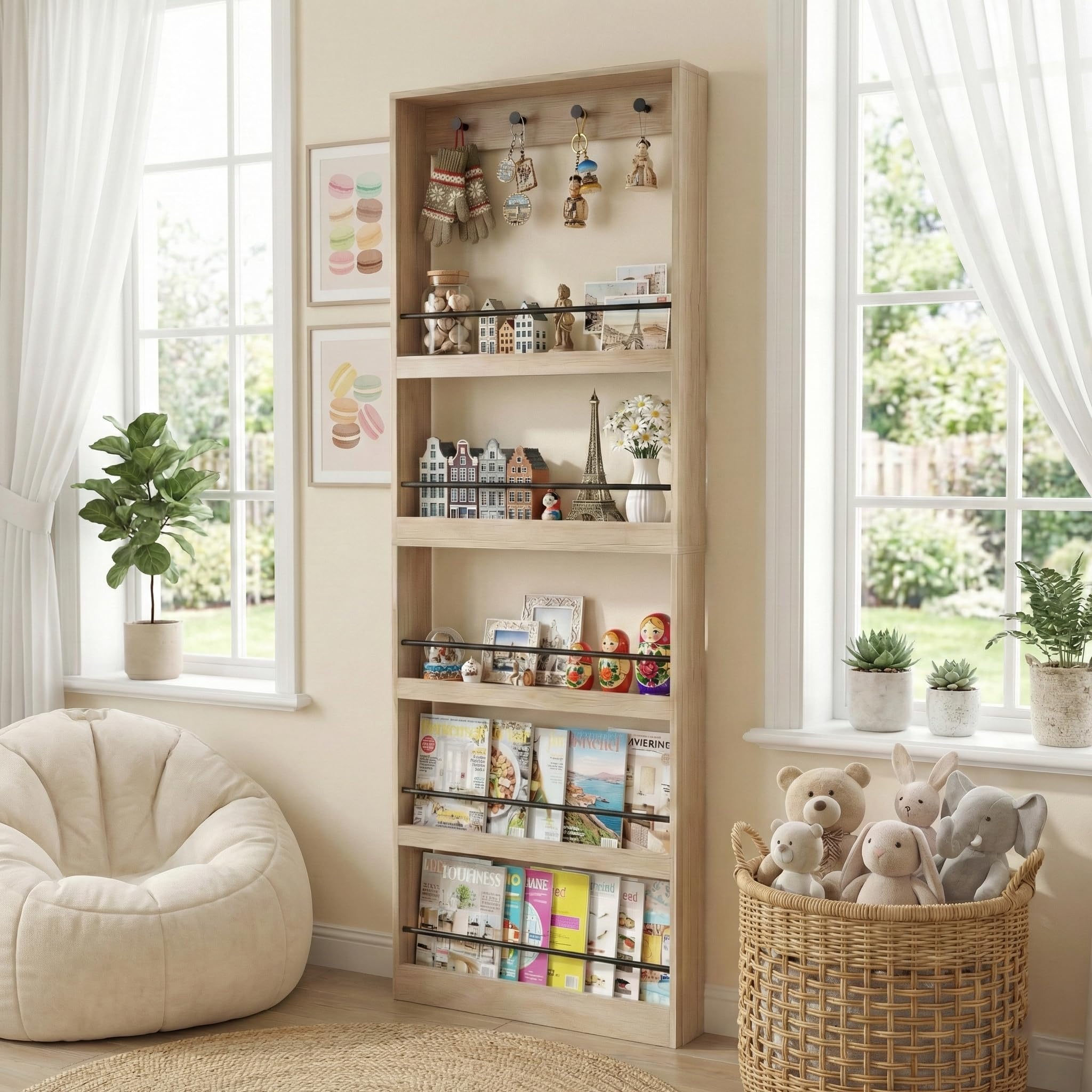 holzart Tall Wall Mounted Bookshelf with Hooks