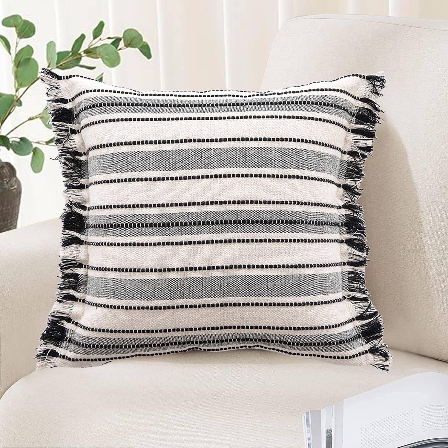 Virexen Boho Throw Pillow Covers 18x18 — Beige & Black Striped Woven Textured, Farmhouse Decor, No Insert Included - View #4