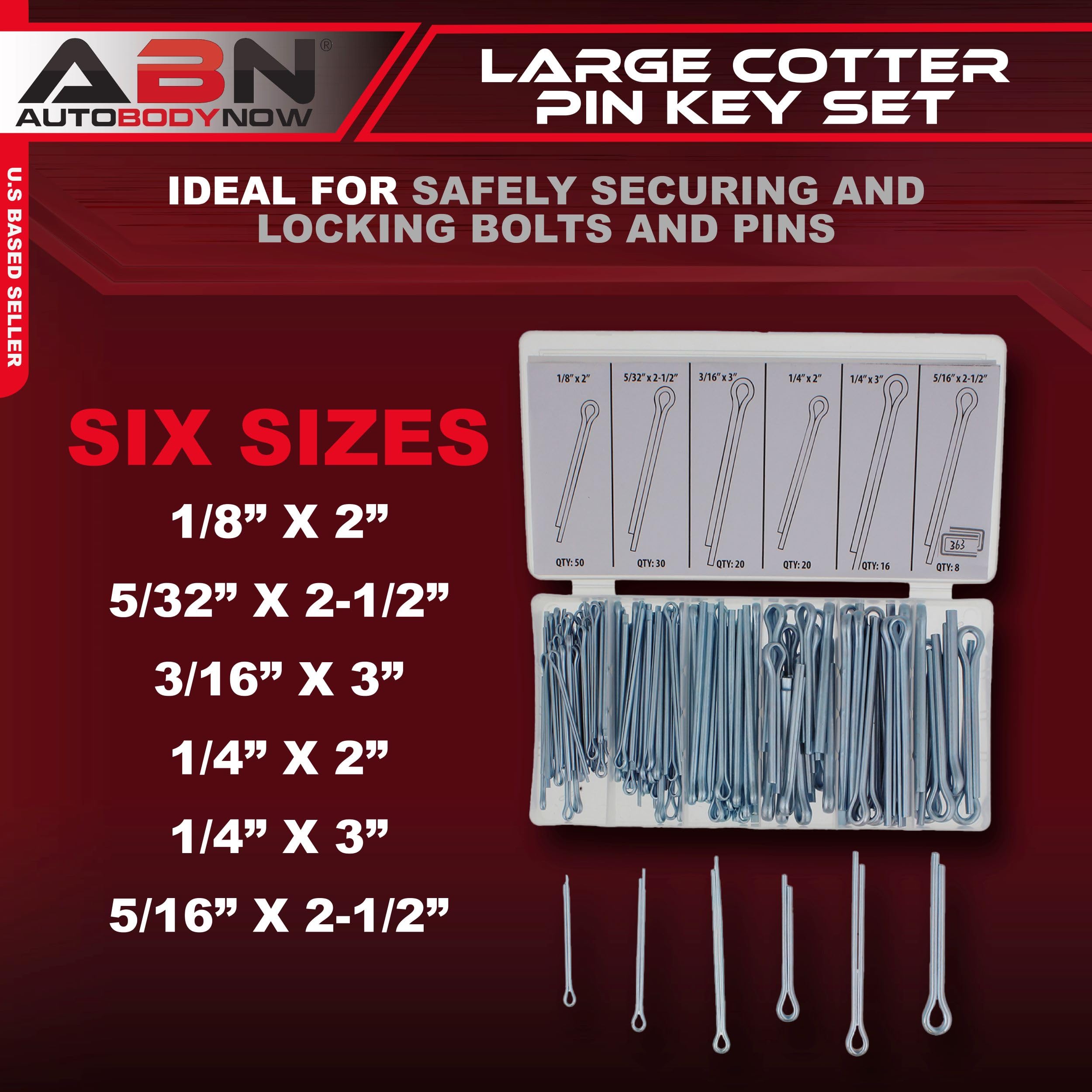 ABN Large Cotter Pin Key 144 pc Assortment Set 1/8 x 2 to 1/4 x 3