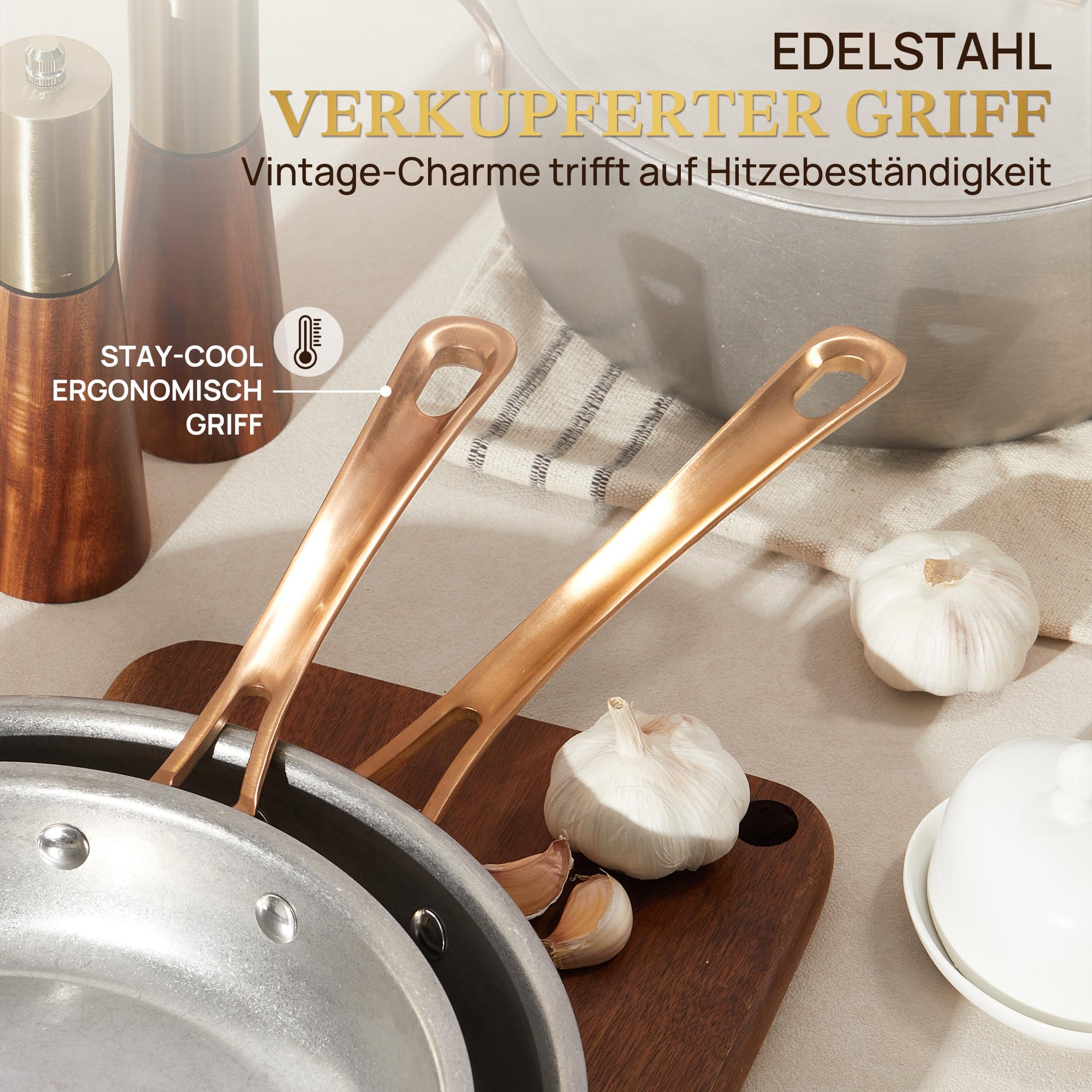 KOKHUB Edelstahl Pfannenset 7-teiliges, Retro Topfset Induktion mit Deckel | Kochtopf Set Unbeschichtete, Tri-Ply Edelstahlpfanne Set, Einfache Handhabung und Reinigung, Backofenfest