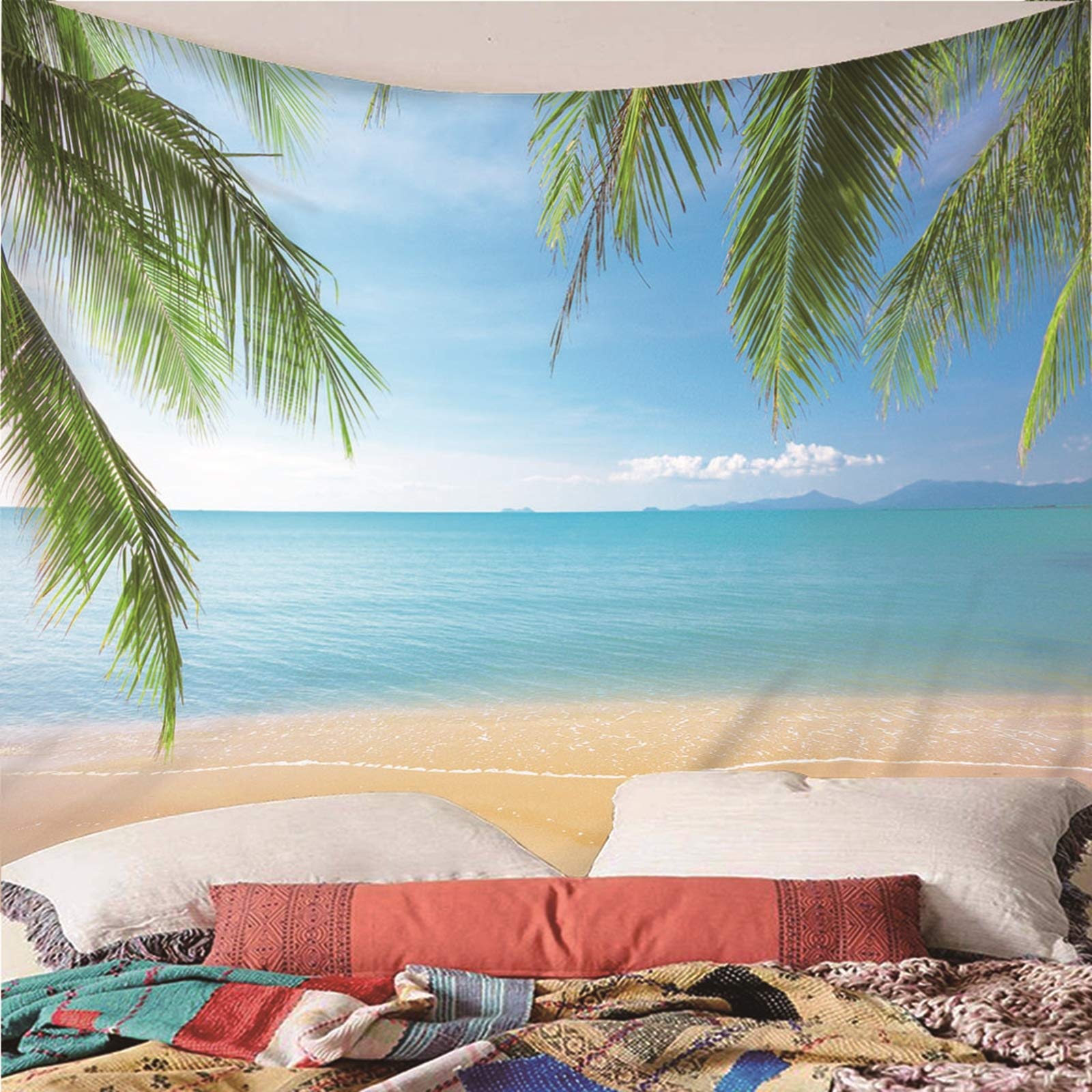 Tenture Murale Psychédélique Bleu Et Blanc 180x230 Cm - Motif Plage, Océan, étoile De Mer - Polyester Pour Déco Chambre, Salon, Extérieur