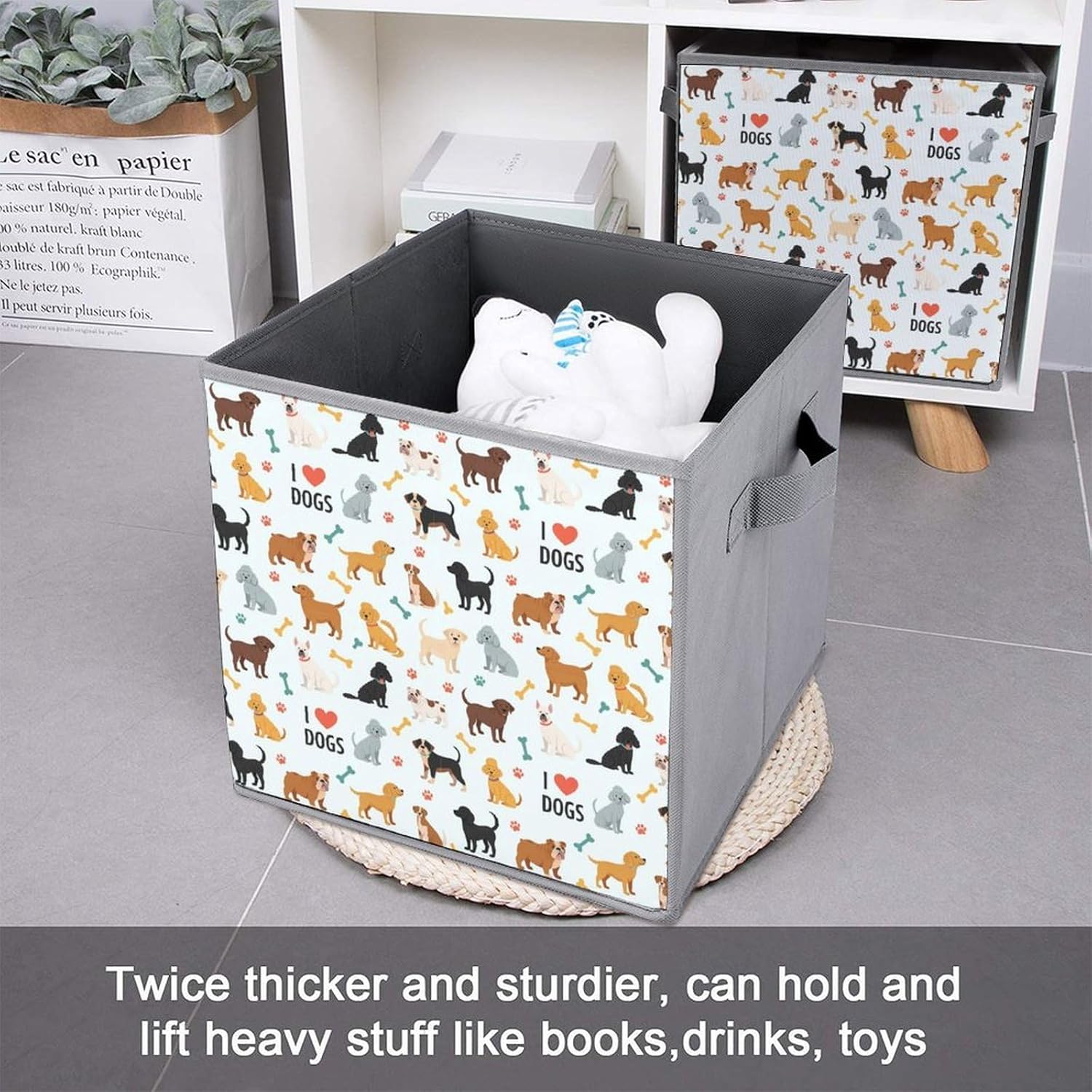 Foldable Storage Bins with Handles Cute Dogs Puppies Print, Sturdy Collapsible Cube Box for Organizing Blankets, Towels, Toys, Ideal for Home & Closet Use