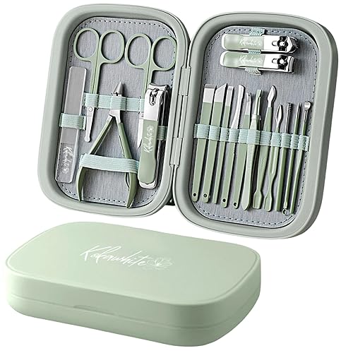 Juegos de manicura profesional y kits de pedicura, 18 piezas de acero inoxidable, kits de aseo con estuche de viaje de cuero (verde)