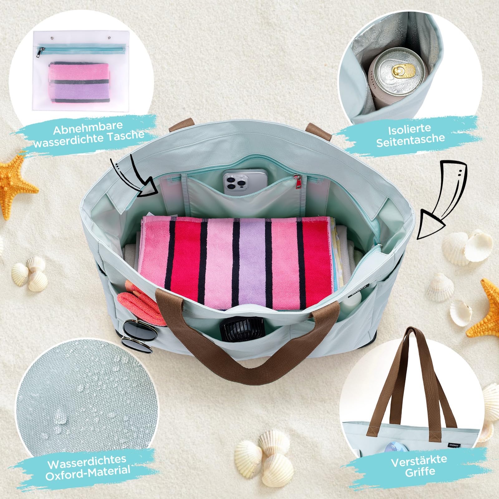 GAGAKU Strandtasche XXL mit Kühlfach, Wasserfest Beach Bag mit Reißverschluss, Faltbar, 50x38x19cm