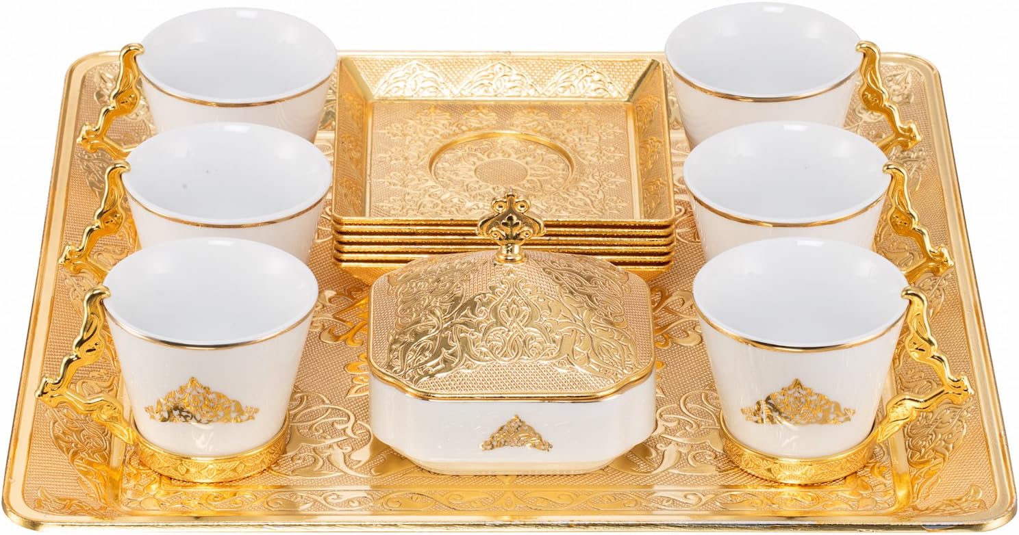Royal Dore High End Stunning Espresso Turkish Greek Coffee Serving Set with Cups Saucers Sugar Bowl & Tray in Gift Box (Gold)