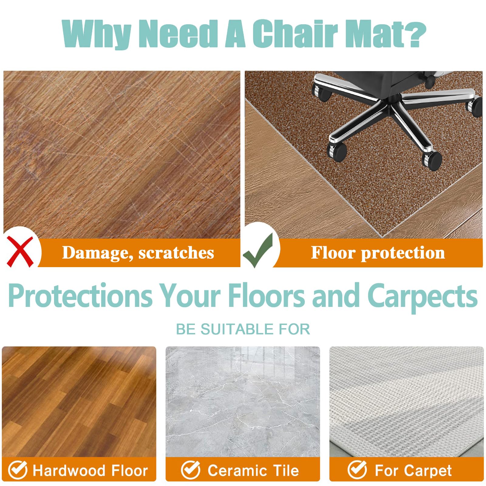 Xiaputcr Floor Mat for Office Chair Office Chair Mat for Hardwood Floor Non Slip Gaming Computer Chair Mat Multi-Purpose Floor Protectors for Rolling Chairs Carpet Protections Chair Mats 100 x 120 cm - Image 4