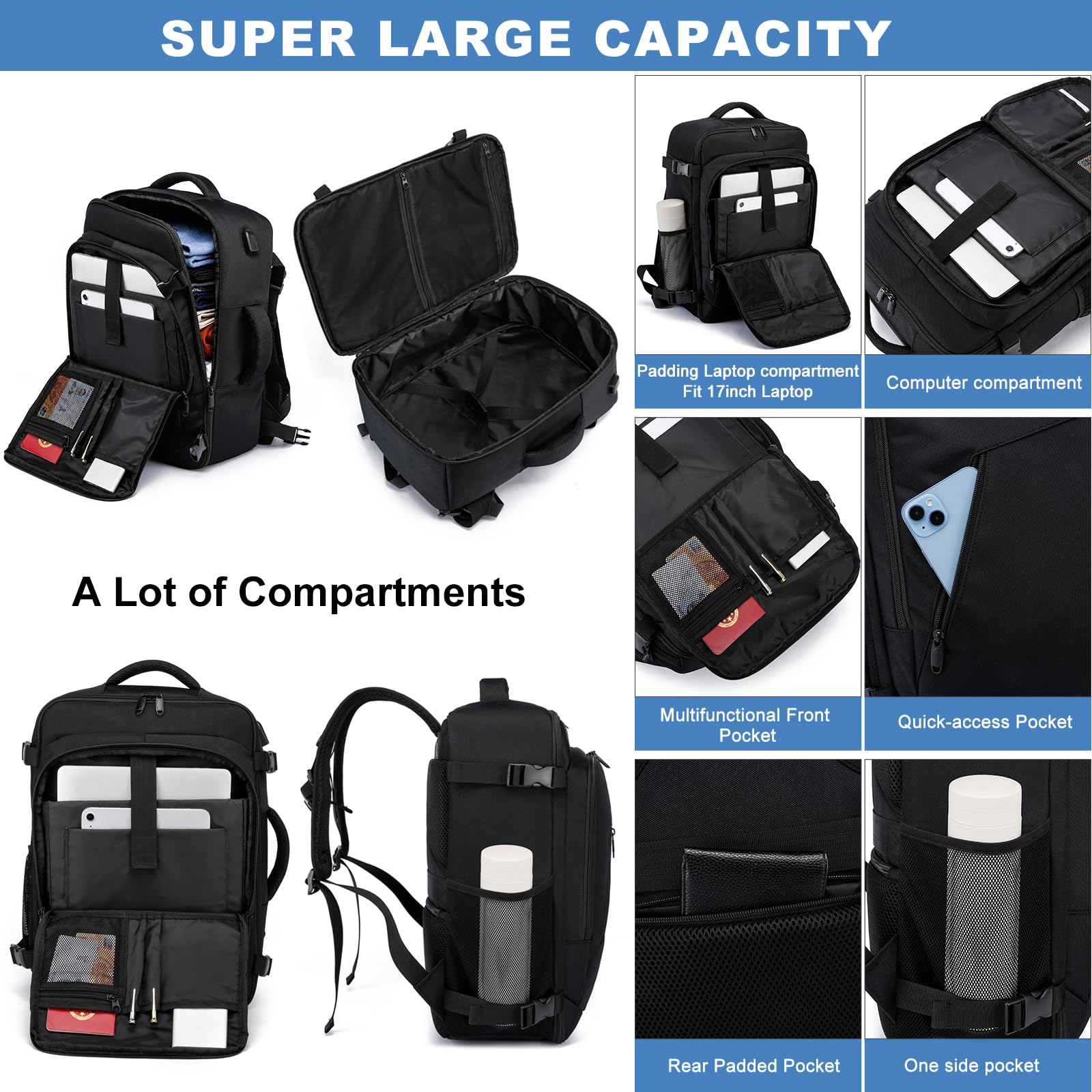 WENIG Zaino da Viaggio 45x36x20 per Easyjet Bagaglio a Mano Aereo 30L Borsa da Cabina per Uomo Donna 15.6 Pollici Zaino Porta PC con Caricatore USB per Trekking Nero
