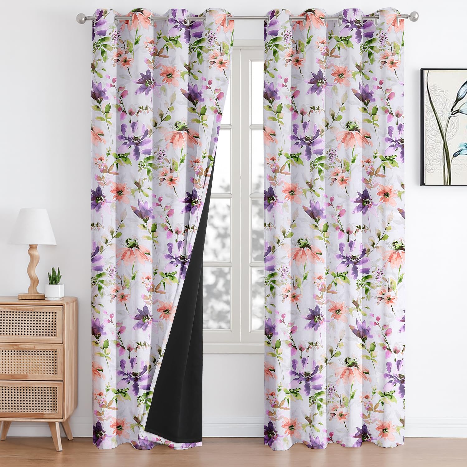 Cloth Fusion 100% Blackout Printed Premium Door Curtains 7 Feet Long Set of 2, Noise Reducing Blackout Parda 7 Feet with Grommet for Home Decor (7x4.5 Feet, Purple Lotus)
