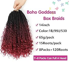 Wodun 14inch Goddess Box Braids Crochet Hair Crochet Box Braids Curly Ends 3X Bohemian Crochet Box Braids Hair Synthetic Crochet Hair Extensions(14inch(Pack of 8), 1B/99J/530)