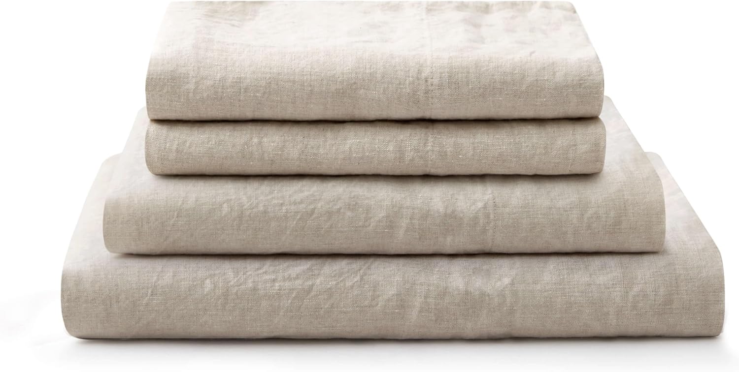 ATLINIA 100% Pure Flax Linen Bedding Set - Stone Washed French Linen Fabric Deep Pocket Fitted Sheet Farmhouse Flat Sheet 2 Pillowcases (Natural, Queen)
