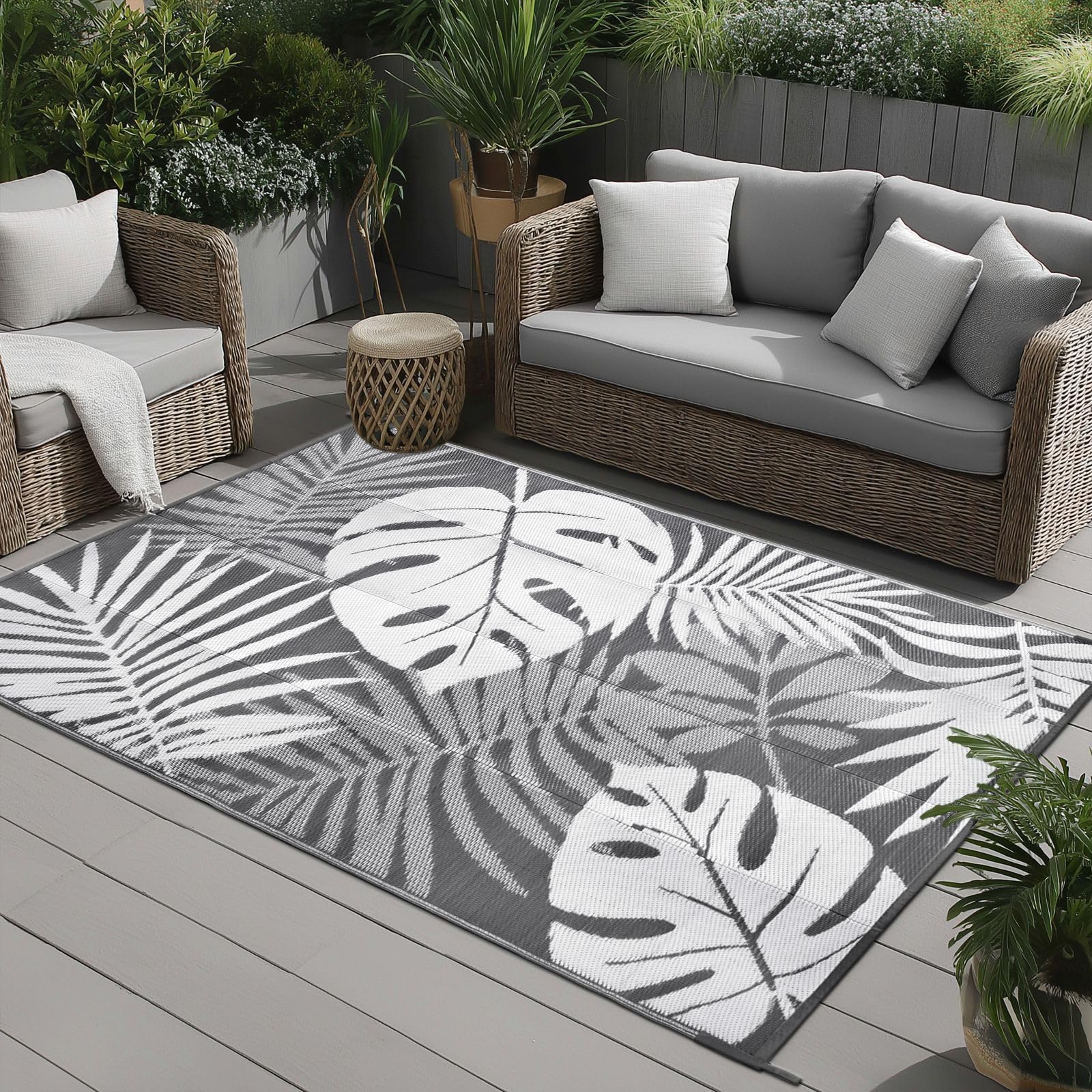 Hiseng Tapis d'extérieur Imperméable Terrasse Balcon, Monstera Grise Tapis de Sol Réversible en Plastique Résistant aux Intempéries aux UV pour Jardin, Camping, Pique-Nique (Grise,183x274cm)