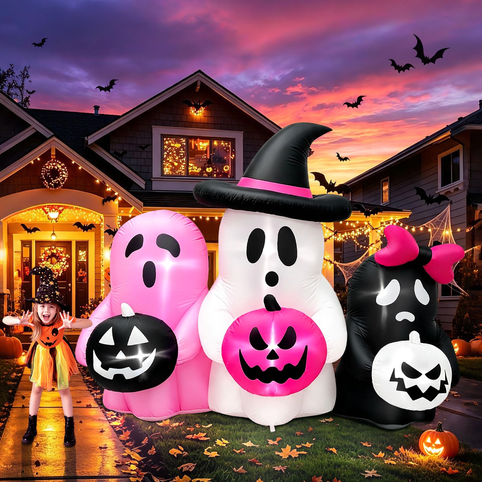 Kalolary aufblasbare Halloween-Dekoration, 3 Geister mit Kürbissen