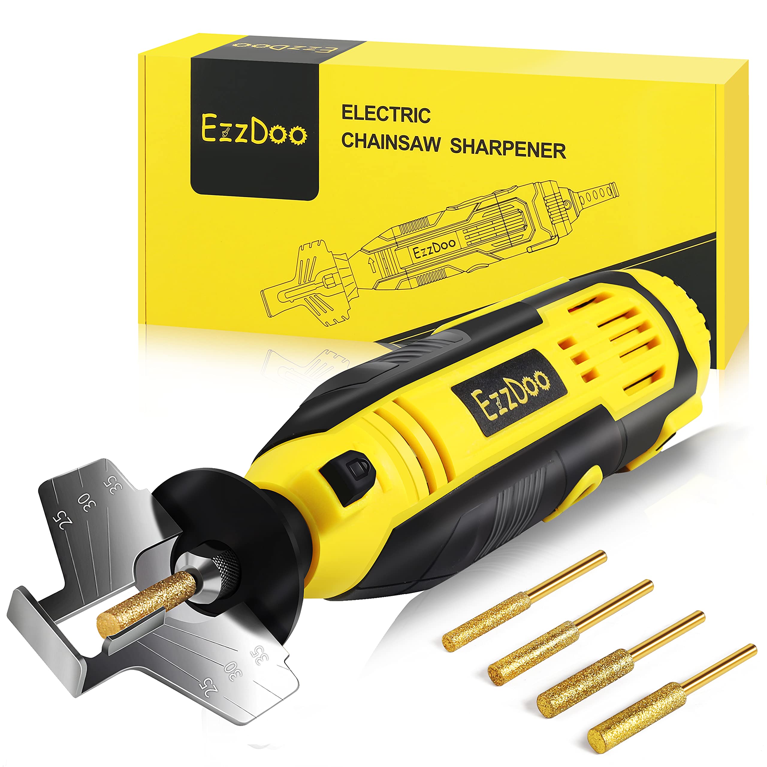 EzzDoo 3 in 1 Electric Chainsaw Sharpener Kit with TITANIUM PLATED Chain saw Files High Speed Chainsaw Chain Sharpener Electric Tool and 4 Sizes High Hardness Diamond Sharpening Wheels Accessories