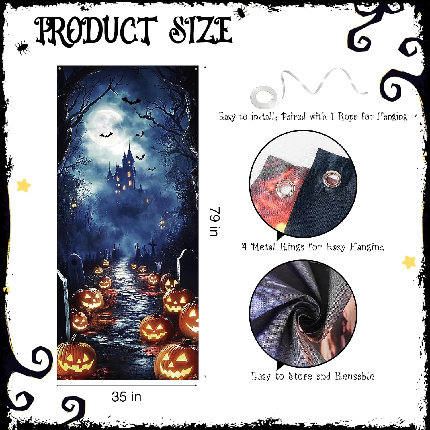 Halloween Decorations Door Cover, Large Scary Pumpkin Bats Castle Halloween Door Banner Bathroom Bedroom Porch Door Backdrop Decor for Party, Indoor Outdoor Haunted House Theme Decoration, 35x79 Inch image 2