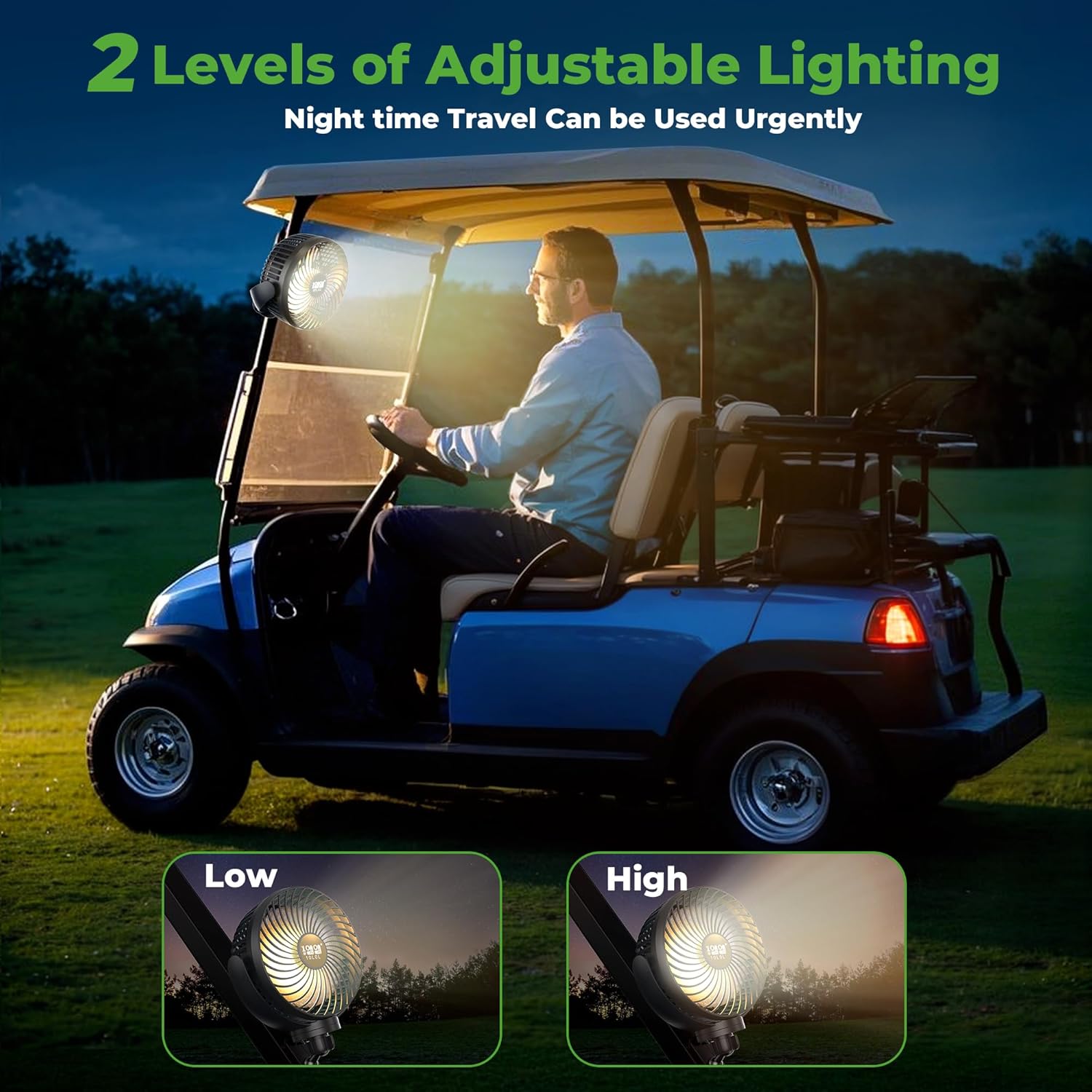 10L0L Golf Cart Fan with Magnetic Mount & 56Hrs Runtime - 8000mAh Battery, 3-Speed Cooling, Built-in LED Light, Power Bank Function - Stable ABS Design for All Golf Carts - Image 6
