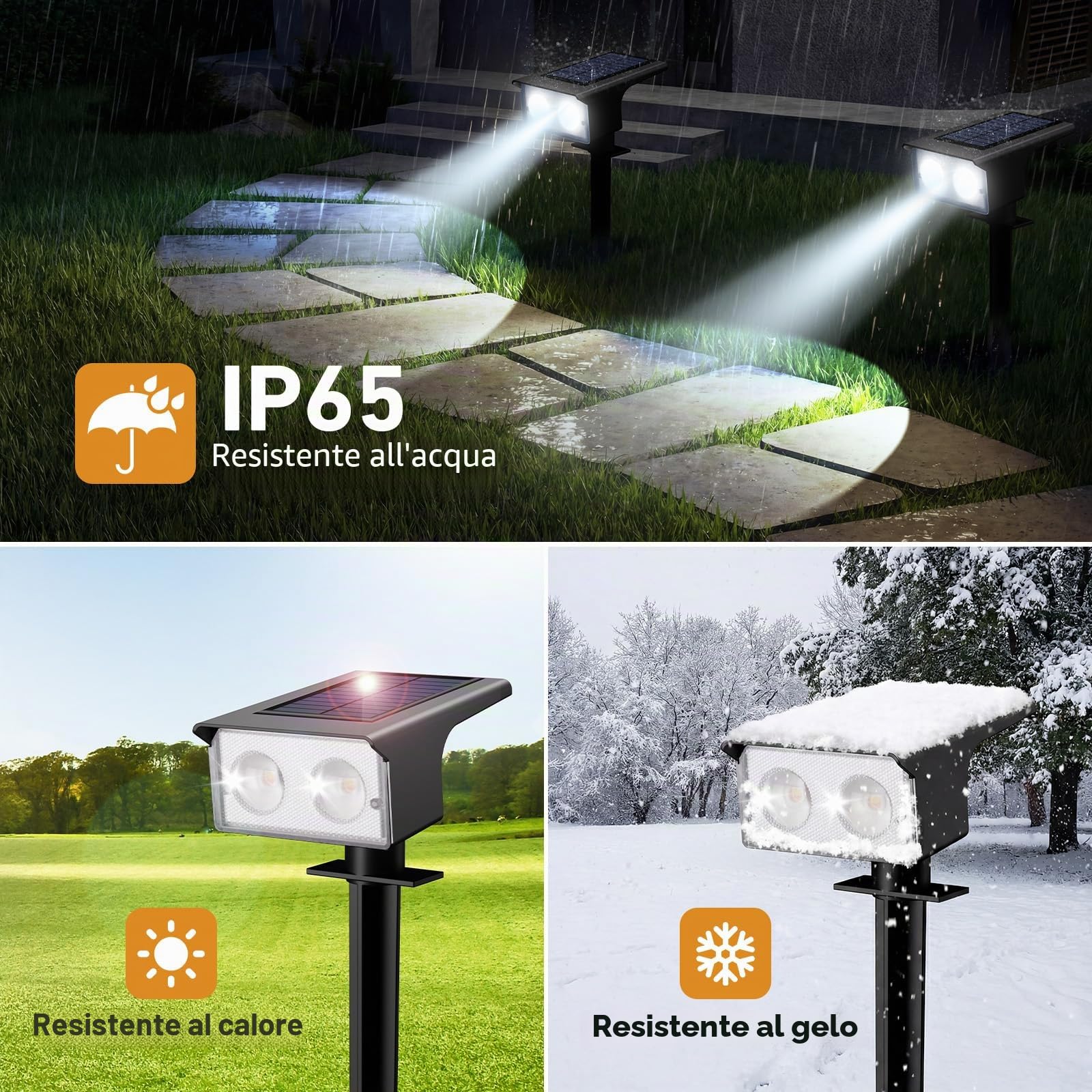 btfarm 6 Pezzi Faretti Solari a LED da Esterno, 3000K/4500K/6000K Luci Solari da Giardino IP65 Impermeabile, 2 Livelli di Luminosità Lampade Luce Solare Potenti per Cortile Vialetto Garage Prato