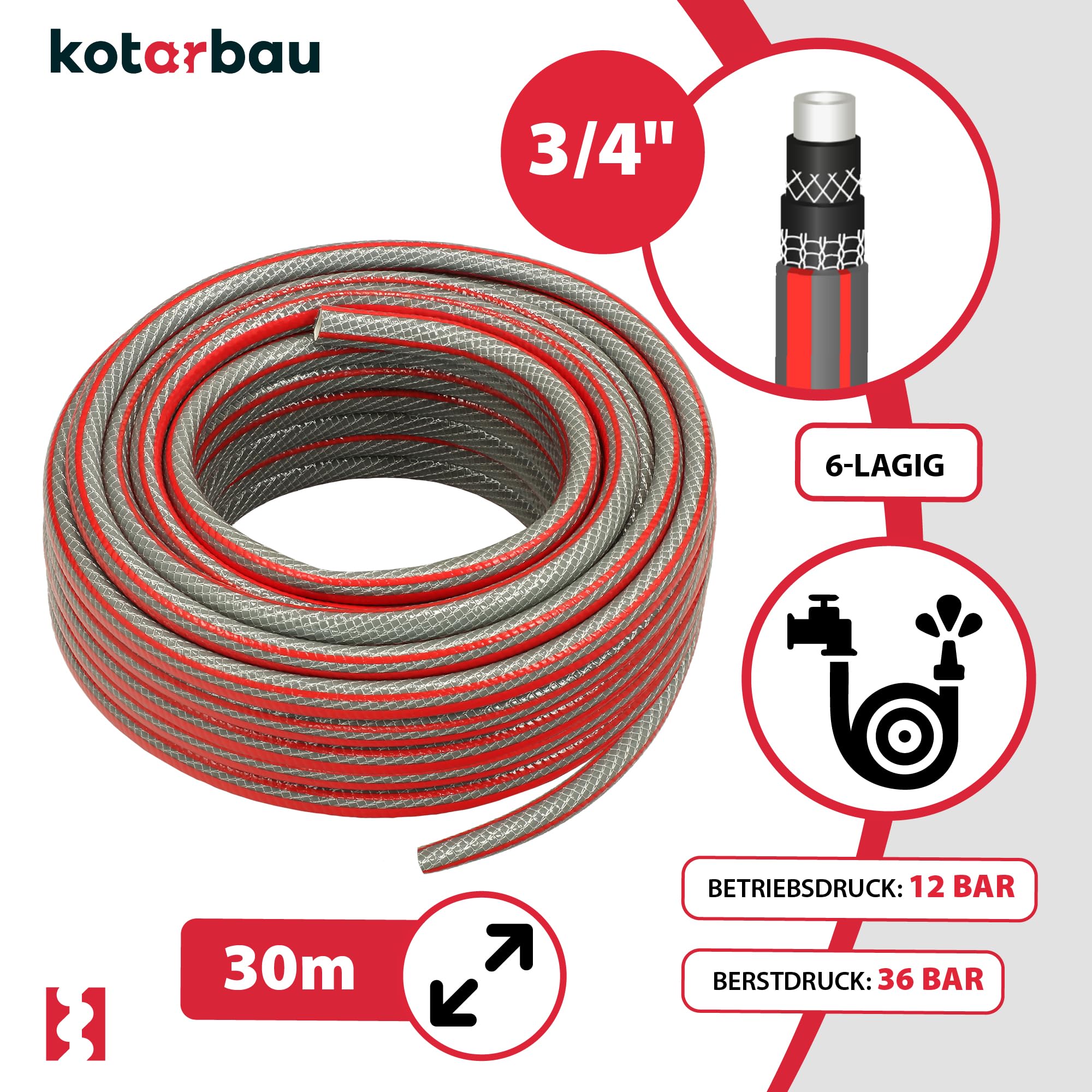 KOTARBAU® Gartenschlauch 3/4" 30m Grau Professionell zum Gießen von Pflanzen 6-lagig