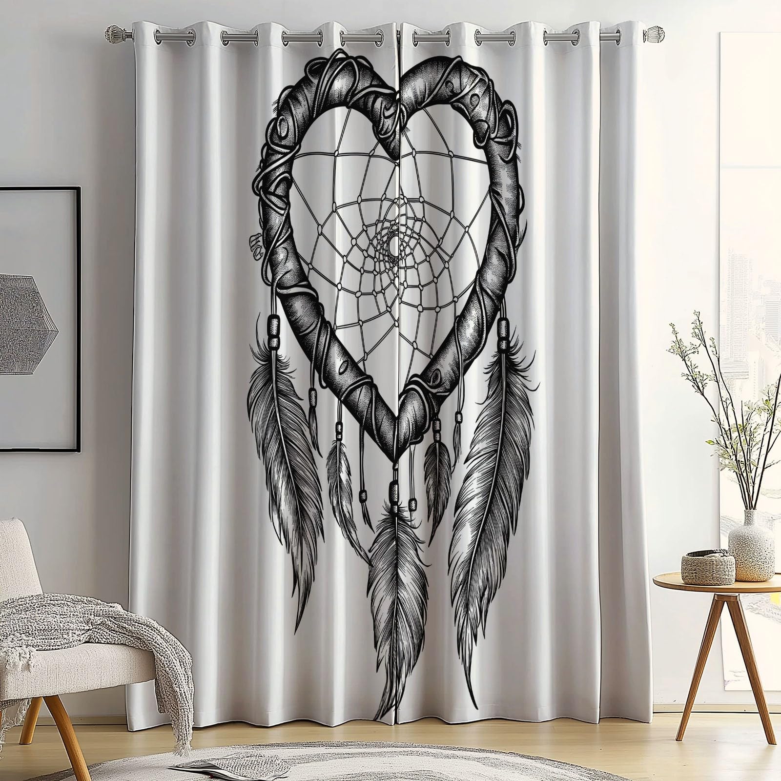 Rideaux Occultants 91.5x214 cm 2 Panneaux Attrape-rêves Coeur Tissu Occultant Chambre Enfant Blanc