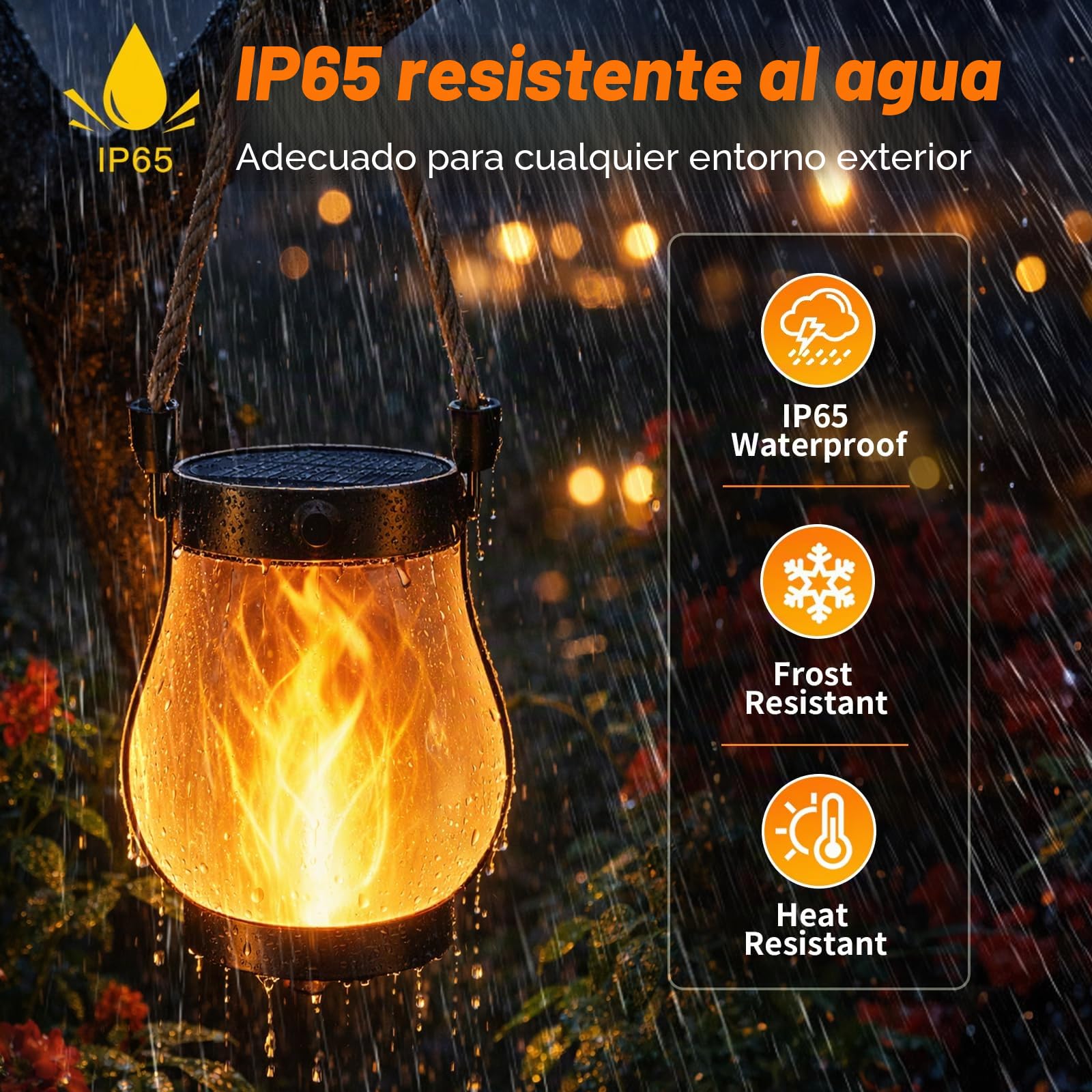 2 Piezas Farolillos Solares llama Exterior,Llama Danzante Faroles Colgantes Impermeables con Cuerda de Cáñamo, IP64 para Campamento, Jardín, Mesa Exterior, Patio, Balcón