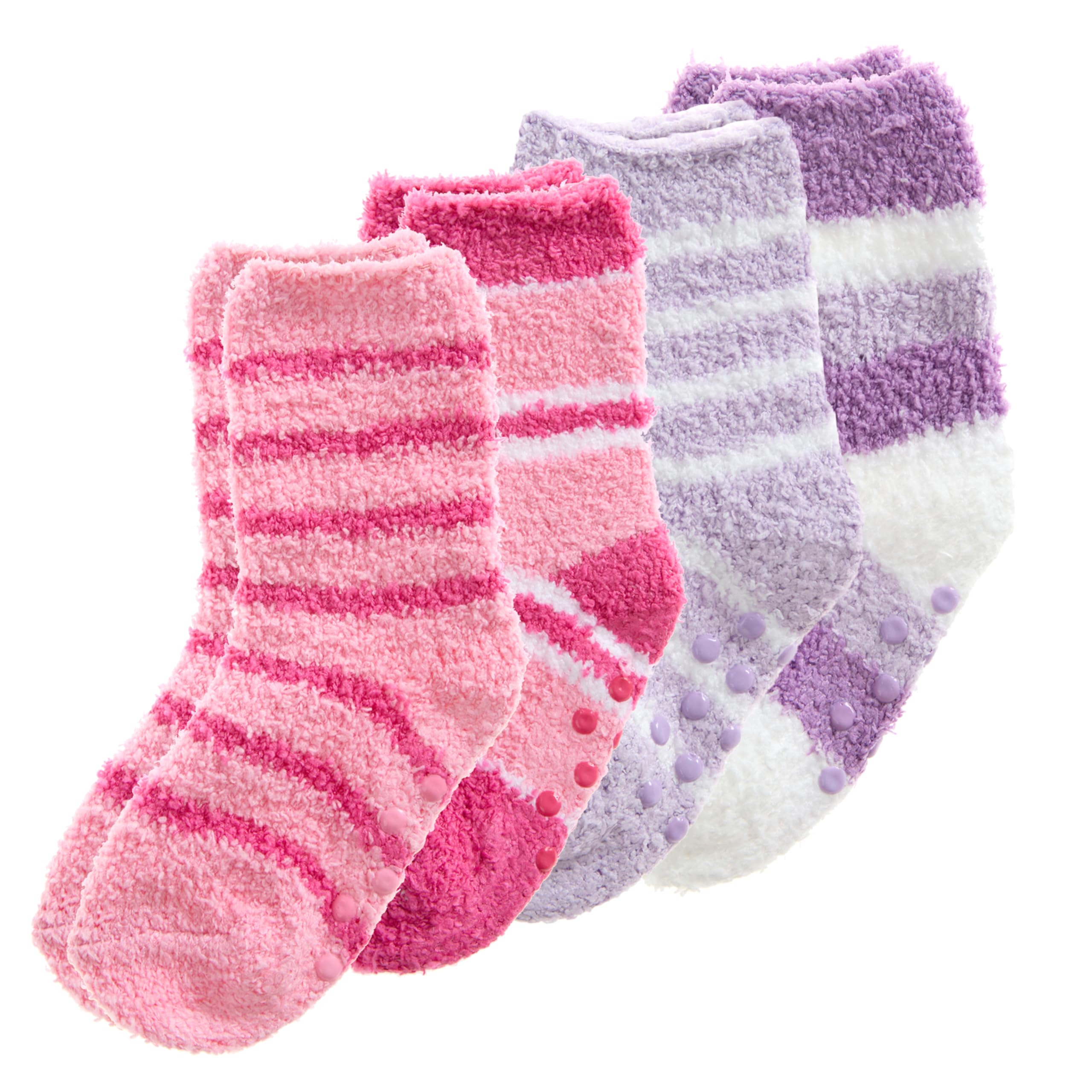 Metzuyan 4 Pairs Newborn Baby Girls Socks Anti Slip Grippers Fluffy Warm Cosy Socks Pink Purple Stripes 0-0