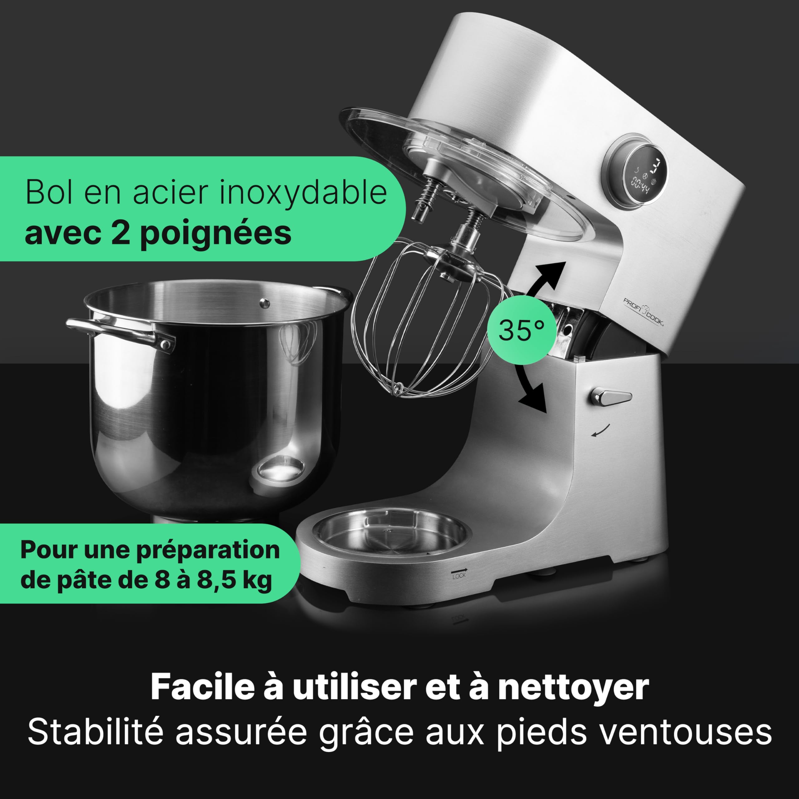Profi Cook Robot de cuisine avec bol XXL de 12 L | Pétrin avec moteur Longlife Pro de 2500W | Boîte de vitesses en métal et écran LED | Robot culinaire pour jusqu'à 8,5 kg de pâte | PC KM 1254