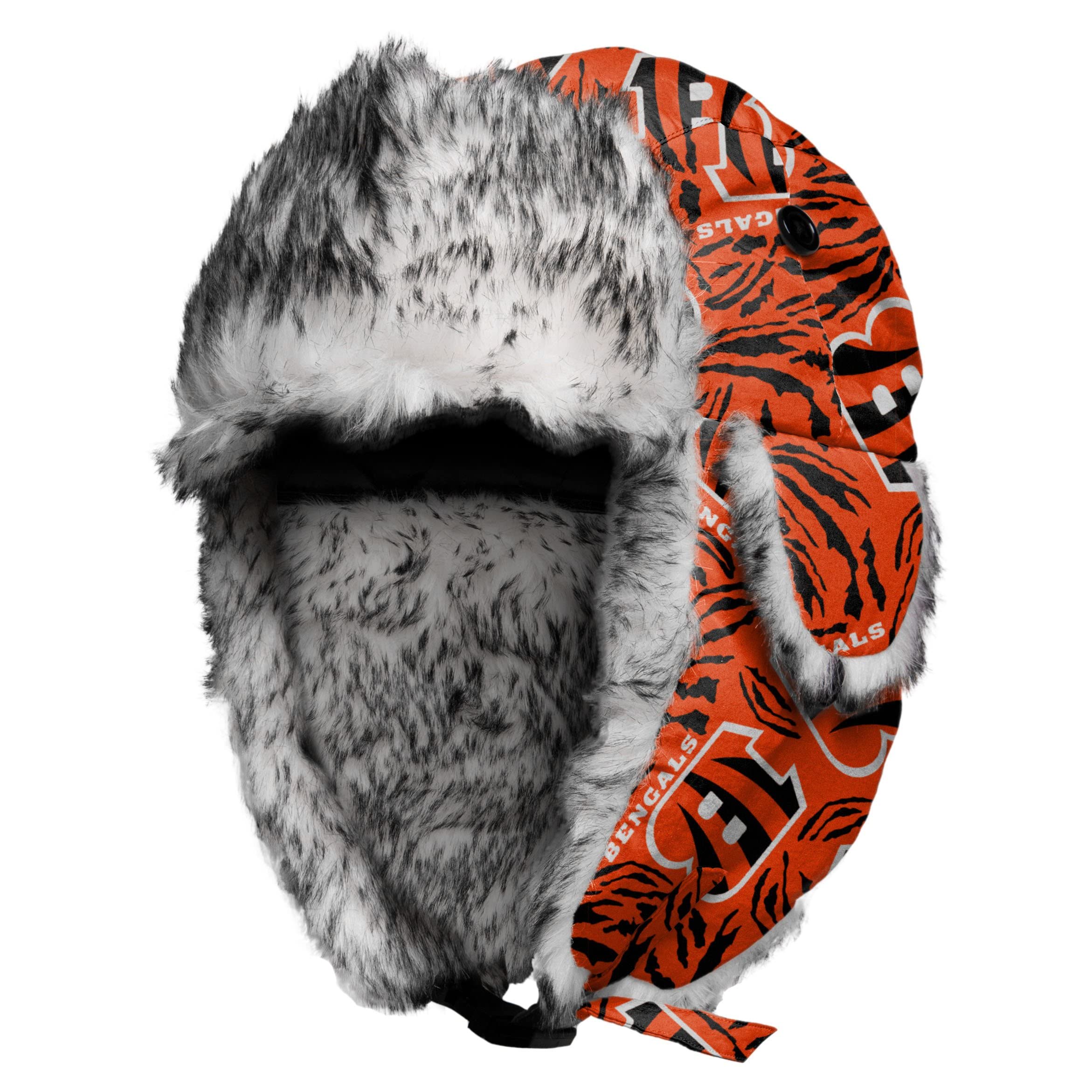 FOCO NFL Mens NFL Team Logo Winter Repeat Print Wordmark Trapper Hat W Ear Flaps