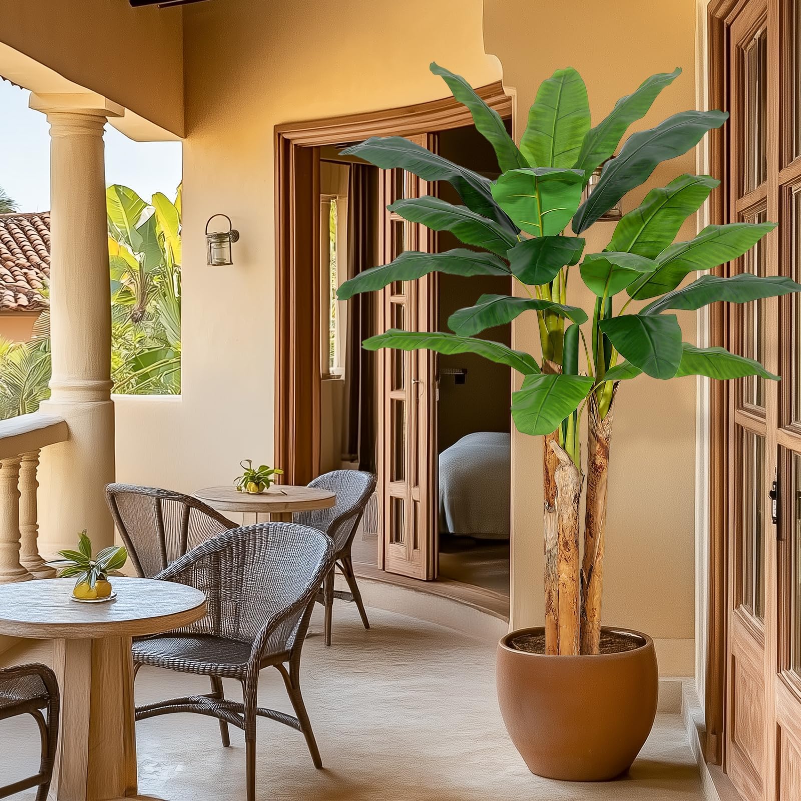 Künstliche Bananenpflanze 180cm, Mit 21 Blättern & Stamm Aus Naturholz Im Grauen Pflanzkübel, Bananenbaum Kunstpflanze Groß Wie Echt Für Wohnzimmer Büro Garten Badezimmer Deko