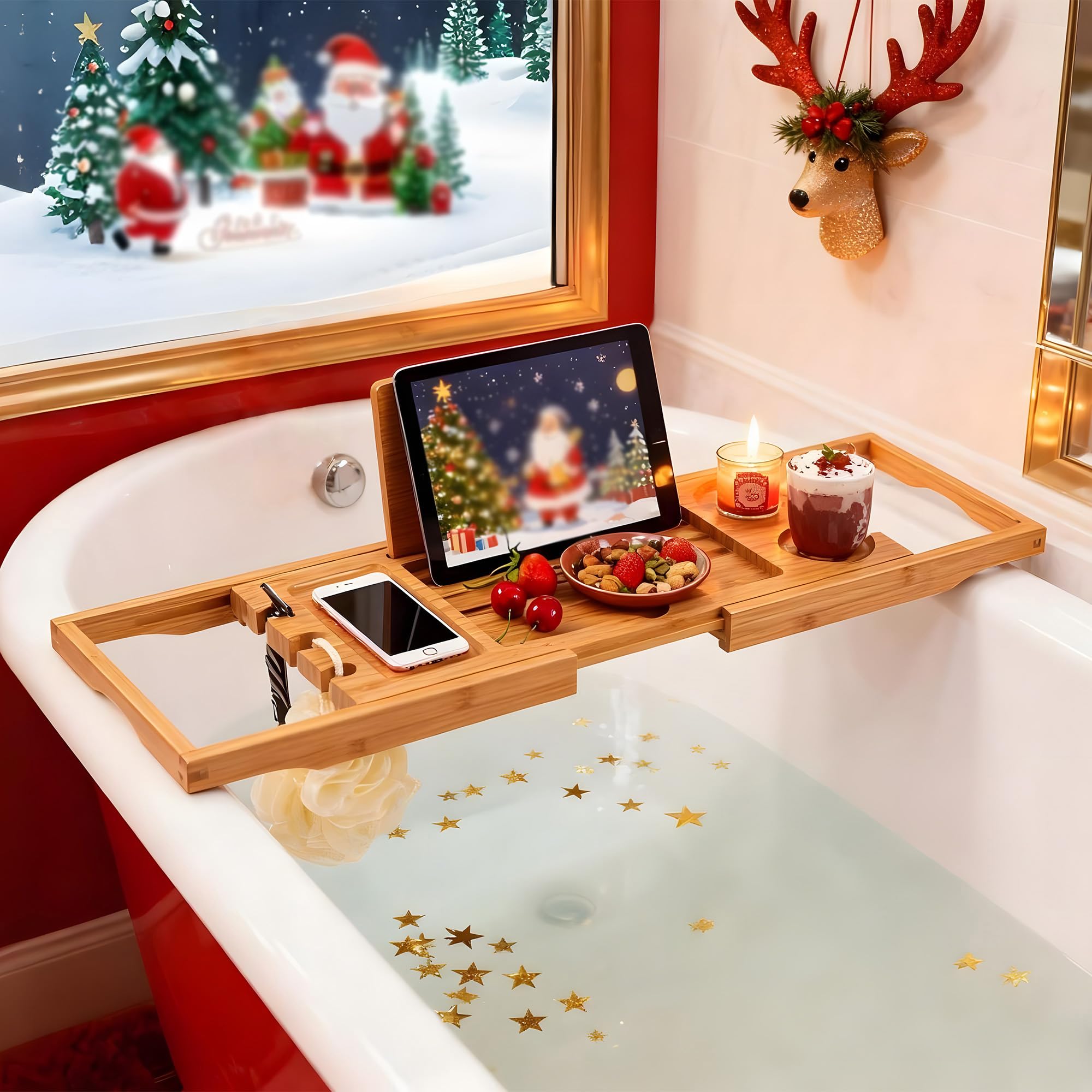 Utoplike Bandeja para bañera, Estante Plegable para el Cuarto de baño, Soporte de bambú para la bañera para Libros y Copas de Vino, Accesorios de Lujo para Ducha y SPA