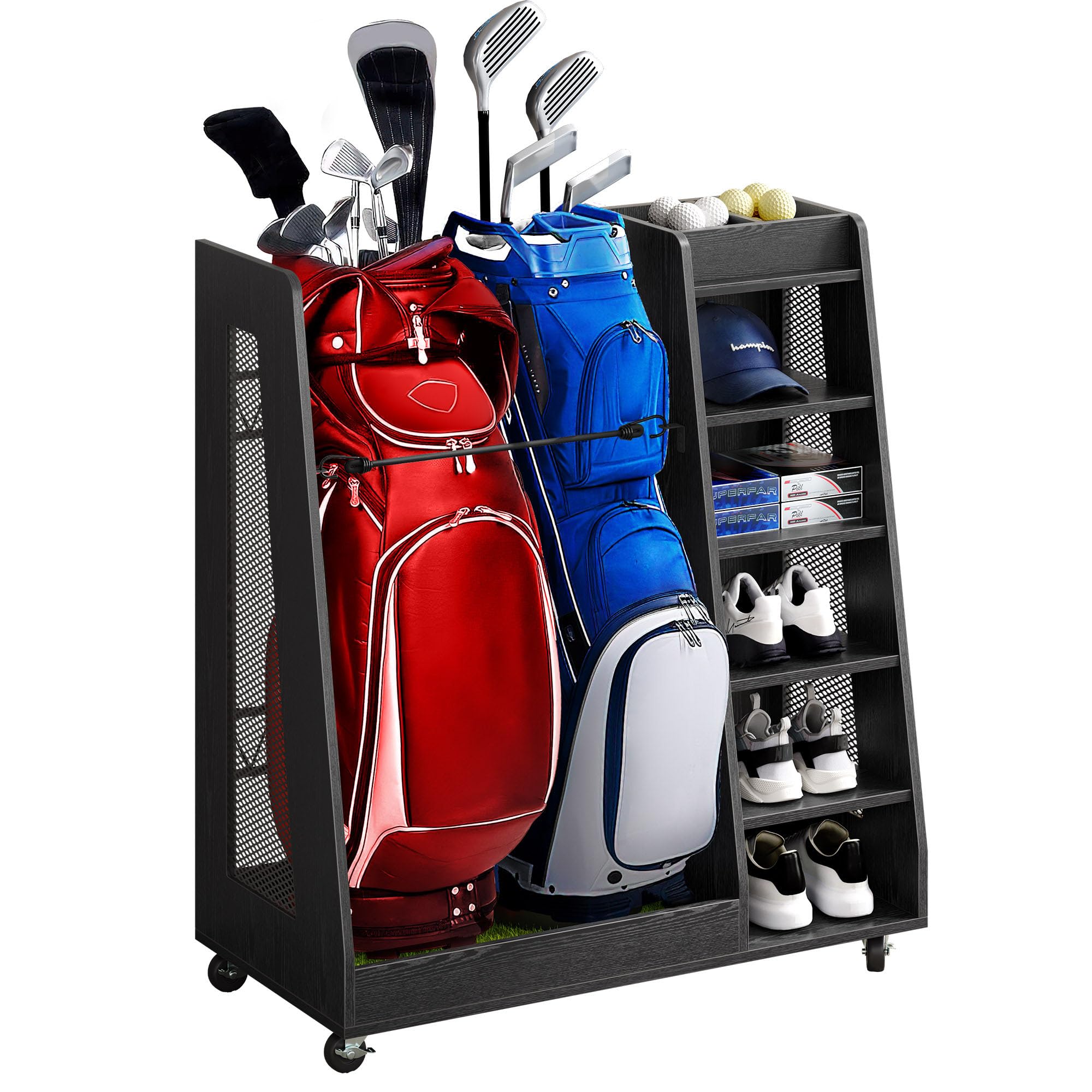 DWVO Golf Bag Organizer for Garage, Wooden Golf Bag Stand Holder with Wheels, Golf Storage Organizer for Golf Bags, Clubs, Balls and Other Equipment Accessories, 2 or 3 Golf Bags Storage for Selected