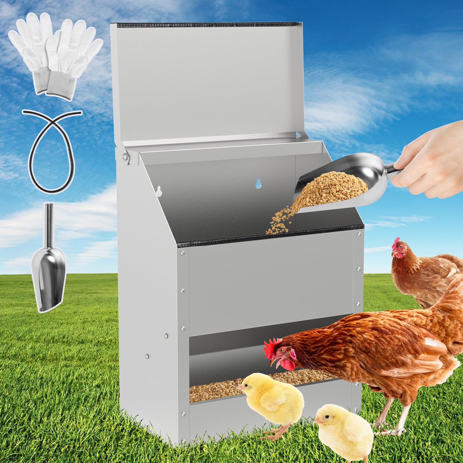 Mangiatoia automatica per polli, set da 2 pezzi, 11,5 kg ciascuno, lamiera d'acciaio zincata | Mangiatoia per pollame in lamiera d'acciaio zincata con coperchio, pala, guanti e protezione bordi per stalla e voliera.