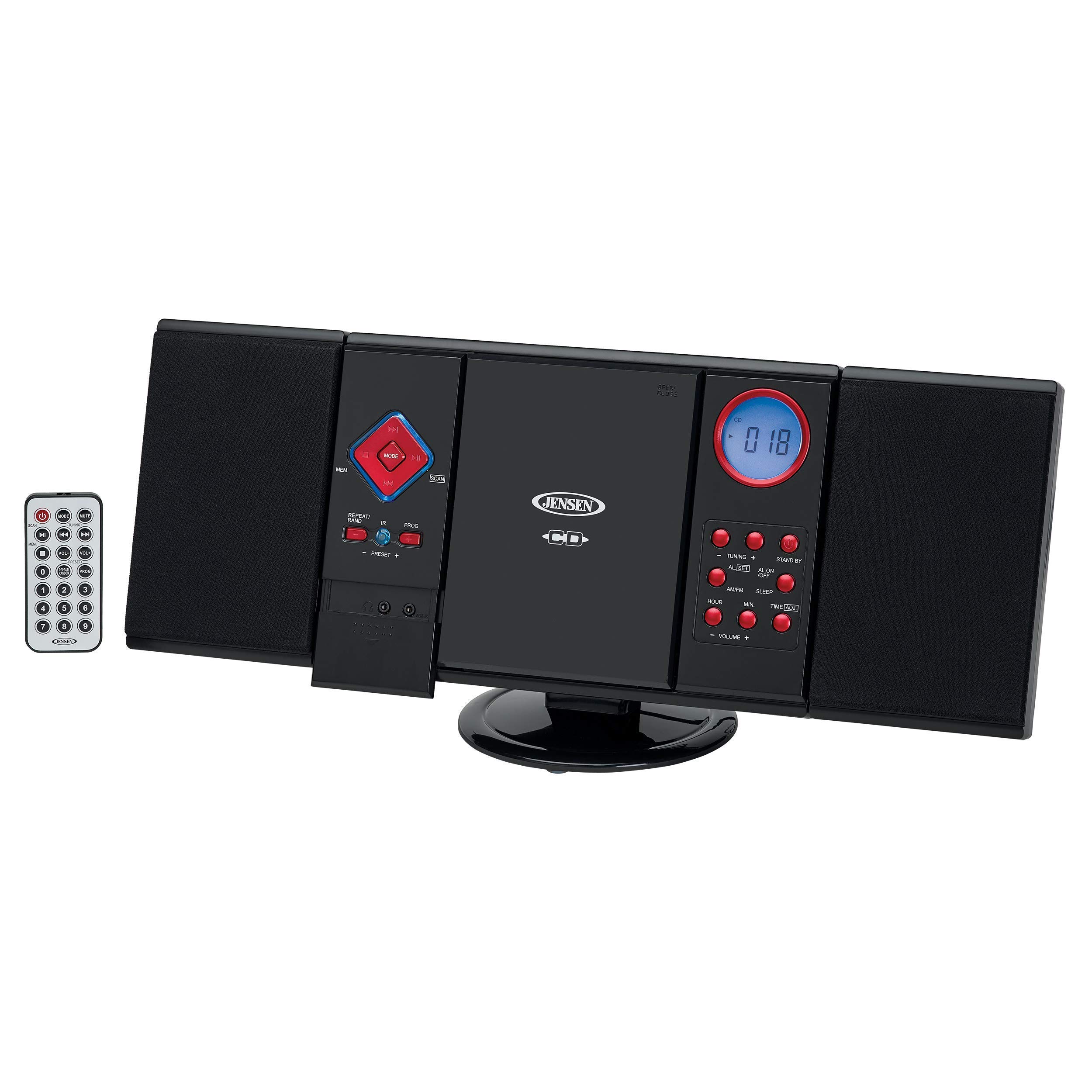 Jensen Modern Black Series JMC-180 Red Wall Mountable Vertical Loading CD Music System, Digital AM/FM Stereo with Speakers, Aux-in, & Headphone Jack Remote Control (Red)