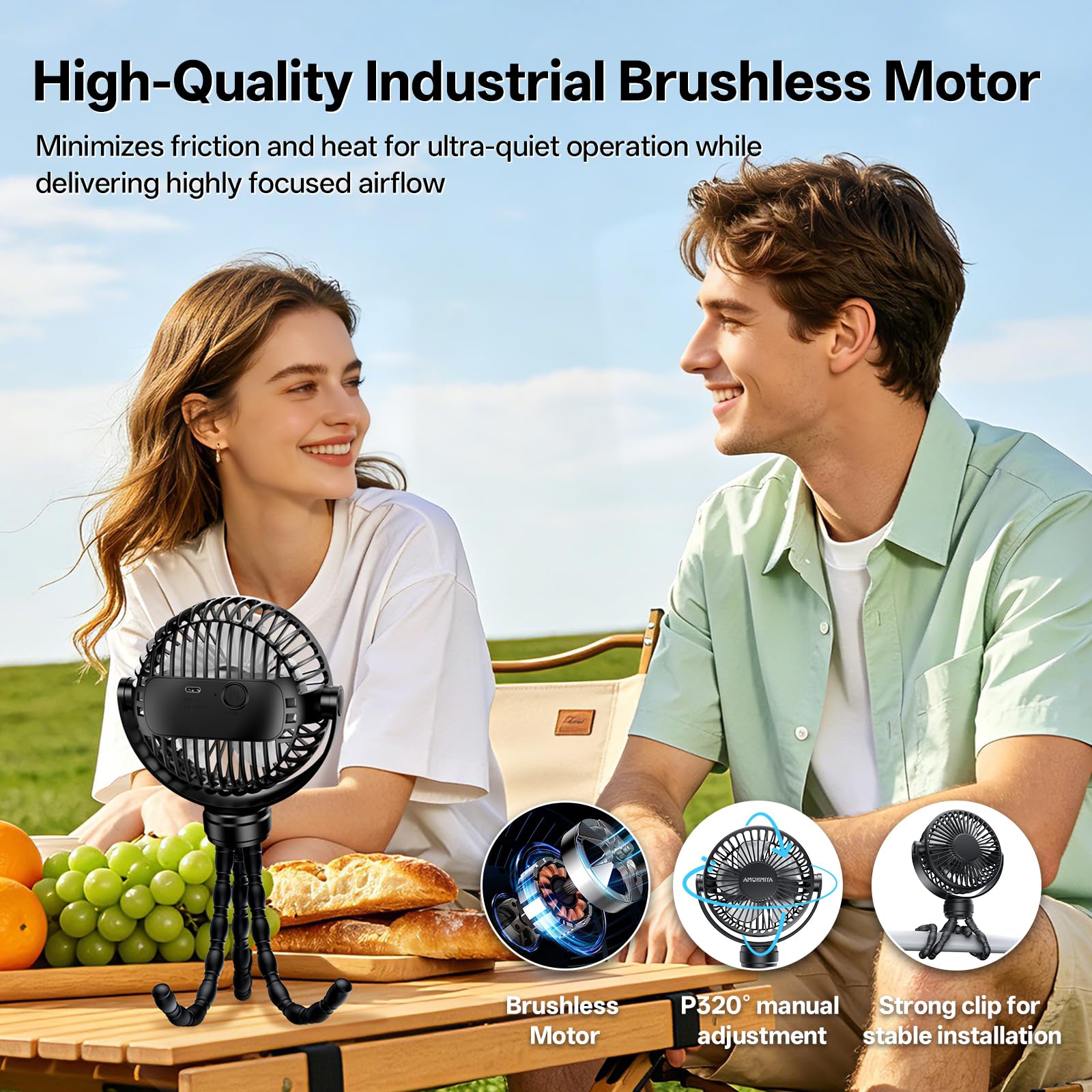 Ventilatore portatile a clip per passeggino con treppiede flessibile, 3 velocità e rotazione a 360°, mini ventilatore ricaricabile a batteria per carrozzina, seggiolino auto, culla, tapis