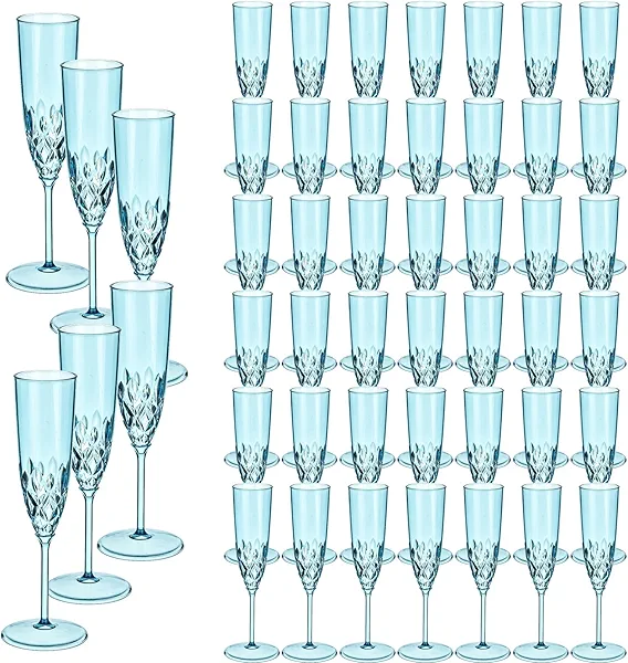 48 Pack Plastic Champagne Flutes, Shatterproof Reusable Fancy Crystal Clear Champagne Glasses, 5 oz Acrylic Unbreakable Elegant Party Drinking Cocktail Wine Glasses Wedding Birthday Bar Goblets Blue