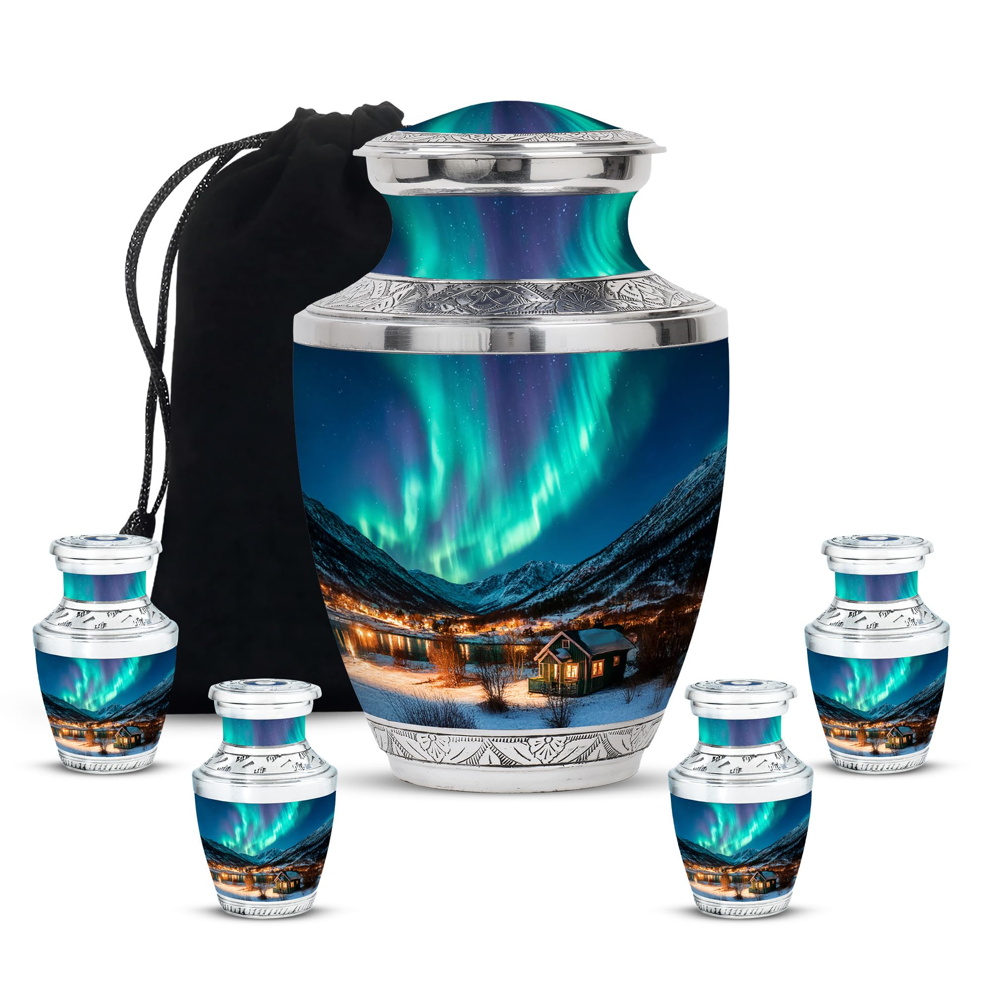 Blue Northern Lights Cremation Urns for Human Ashes Adult Female, Elegant Memorial Burial Keepsake Box, Large Decorative Funeral Urn Gift - 3Inch 4Pcs Small & 10Inch 1Pcs Large Size Combo- Pack of 5