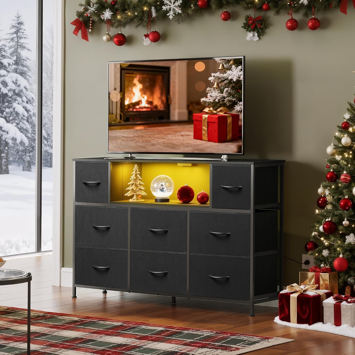 WLIVE Black Dresser TV Stand for 45, 50, 55 inch TV, Entertainment Center with LED Lights & Charging Station, Chest of Drawers with 8 Fabric Drawers and Open Shelves for Living Room, Hallway, Wood Top - Image 2