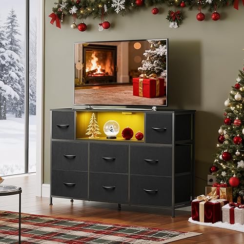 Vista 2 de WLIVE Black Dresser TV Stand for 45, 50, 55 inch TV, Entertainment Center with LED Lights & Charging Station, Chest of Drawers with 8 Fabric Drawers