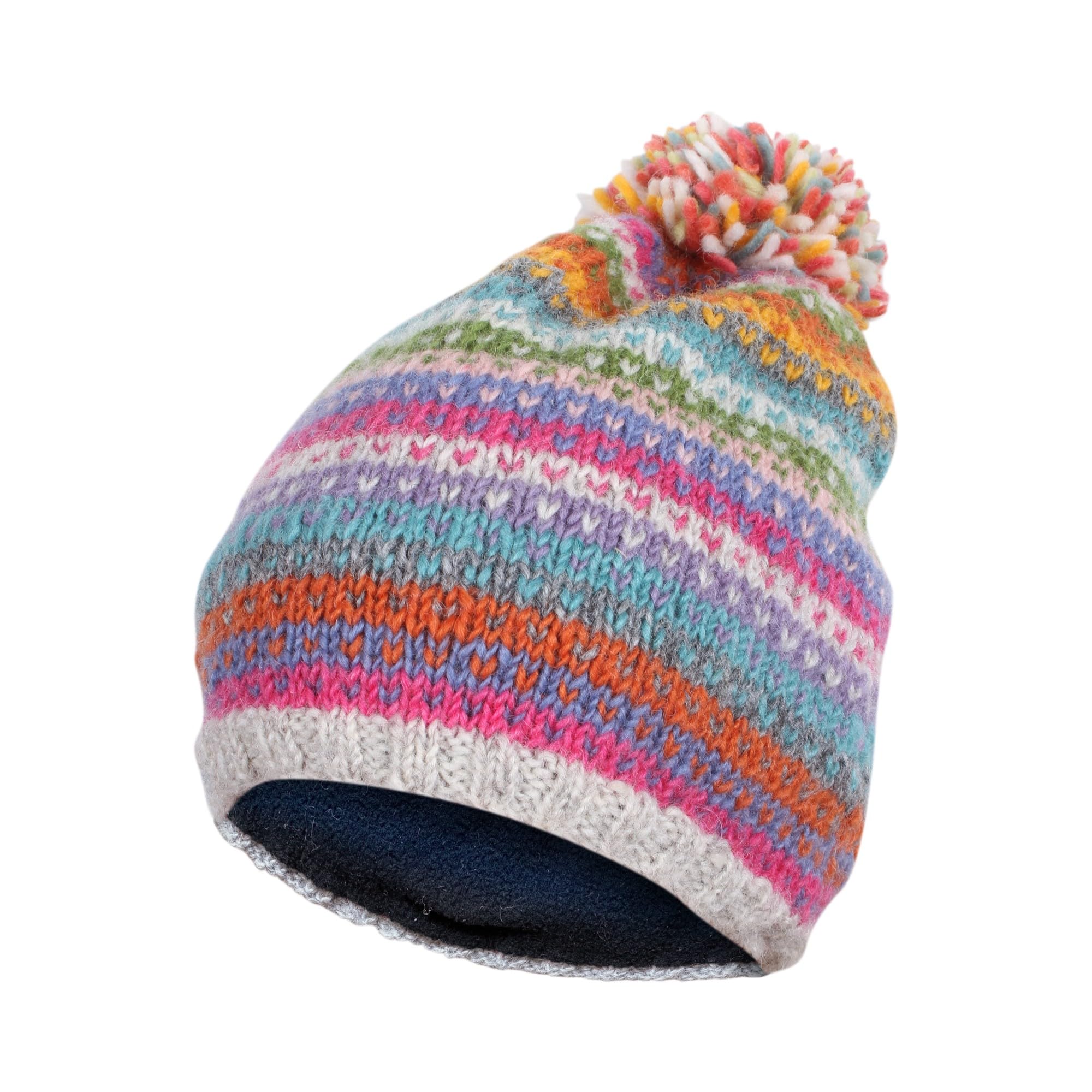 Pachamama Damen Wollmütze mit Bommelmütze und Hand-/Handgelenkwärmer, 2 Stück, Geschenk-Set, mit Fleece gefüttert, handgestrickt, Punkte, Streifen, mehrfarbig, Einheitsgröße, handgefertigt, extra warm