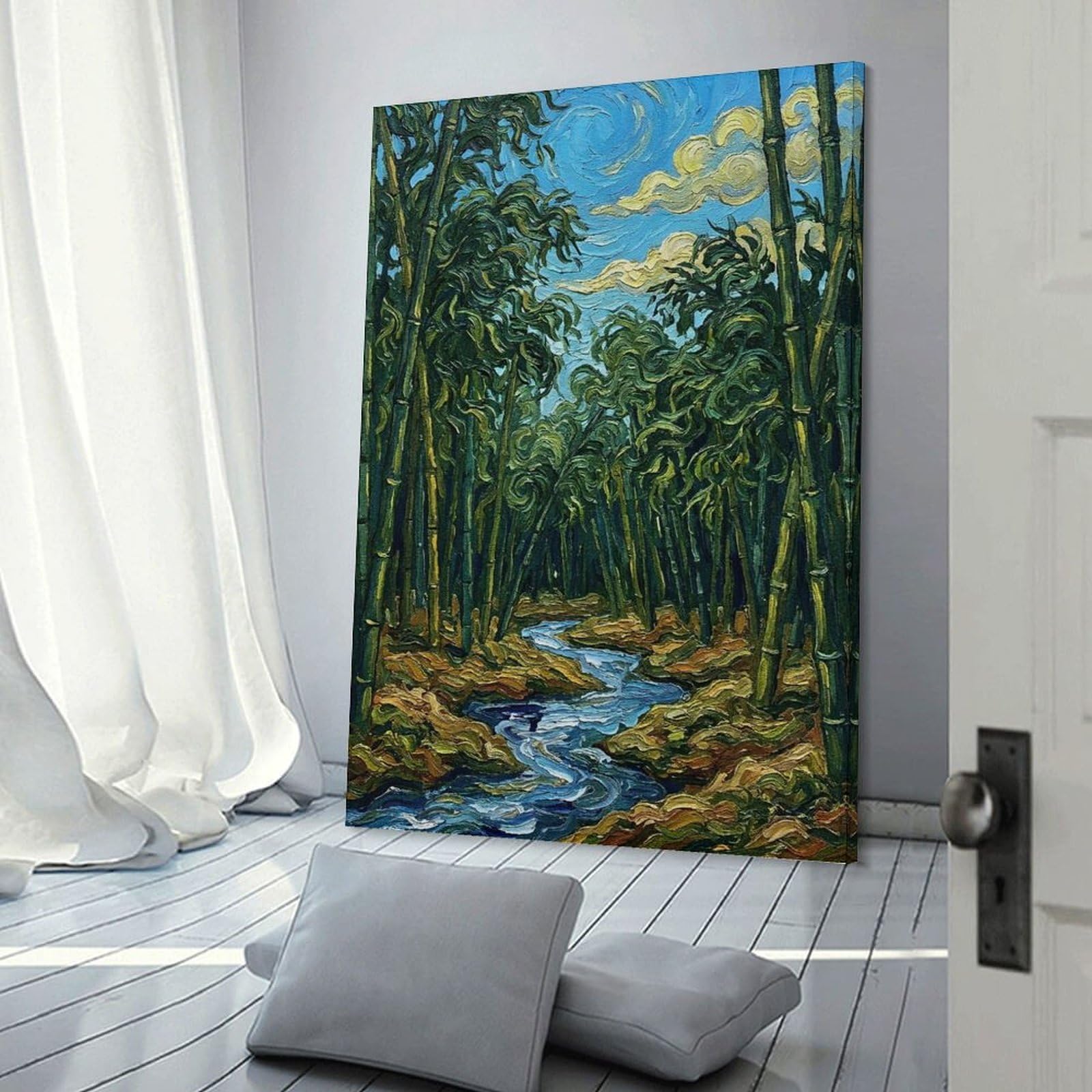 Junmoney Home Decor Wall Art Bamboo Forest Stream Painting, 24x36inch(60x90cm), for Flats, Guest Rooms Or Compact Rooms, Wall Decor with Flexible Room Appeal