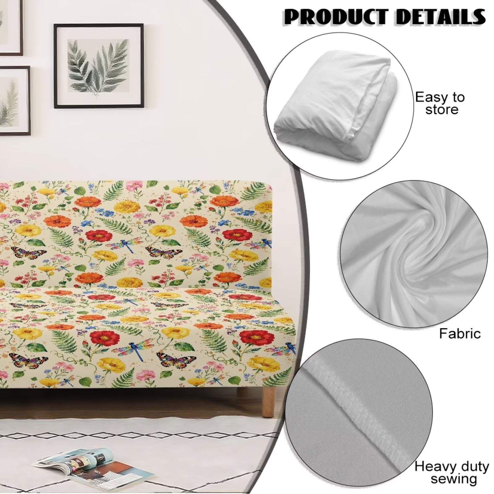 Xoenoiee Funda para futón, funda de sofá sin brazos, funda elástica para sofá, funda de sofá lavable, protector de muebles, mariposa y libélula floral
