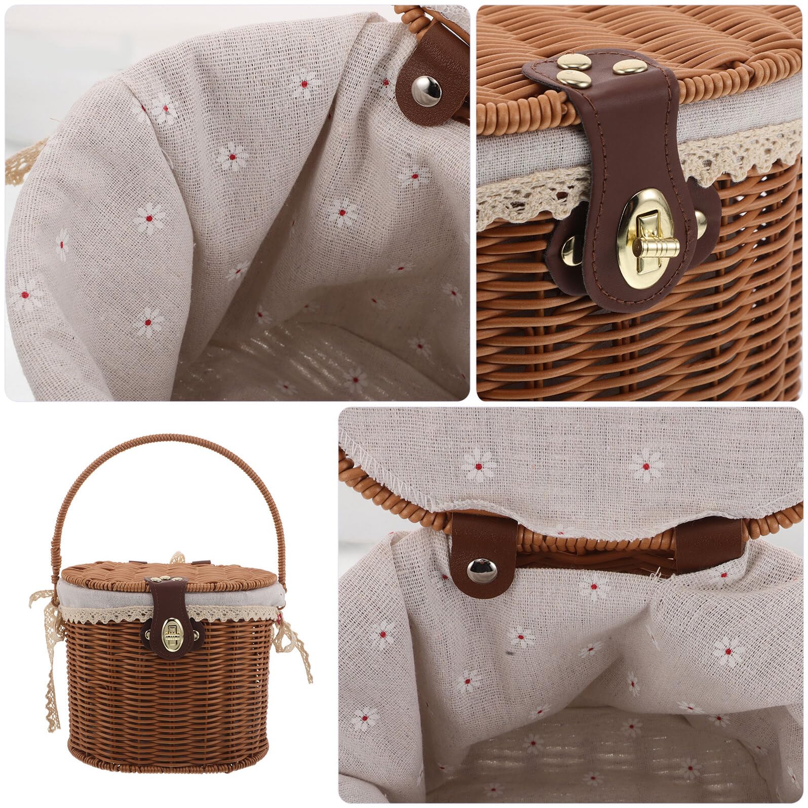 PRETYZOOM Cesta Tejida a Mano Pequeña con Tapa y Asas Forro de Tela Interior Cesta Decorativa Multiusos para Almacenamiento y Picnic y Cocina Estilo Rústico Natural