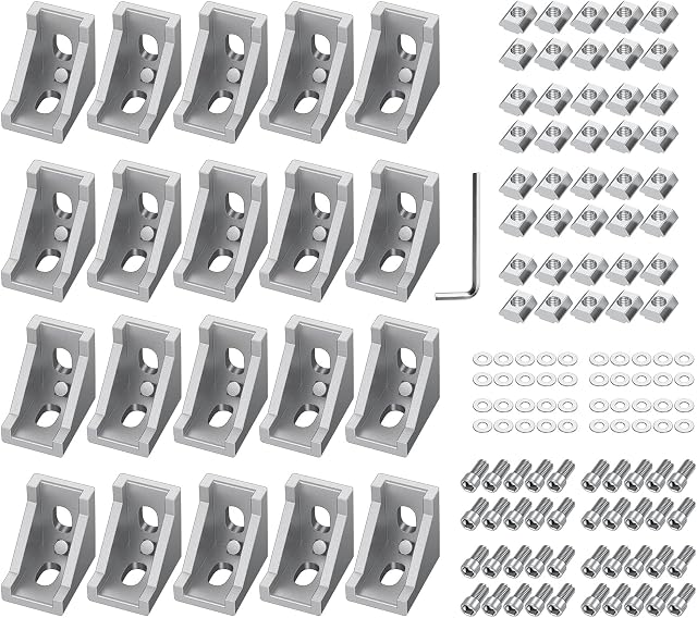 EYPINS 20 Pcs 2020 Aluminum Extrusion Angle Mounting Brackets, 90 Degree Corner Connector 2020 Extrusion Profile L-shape Angle Joint Brace Brackets with 6mm Slots, M6 Hexagon Screws and T-Nuts