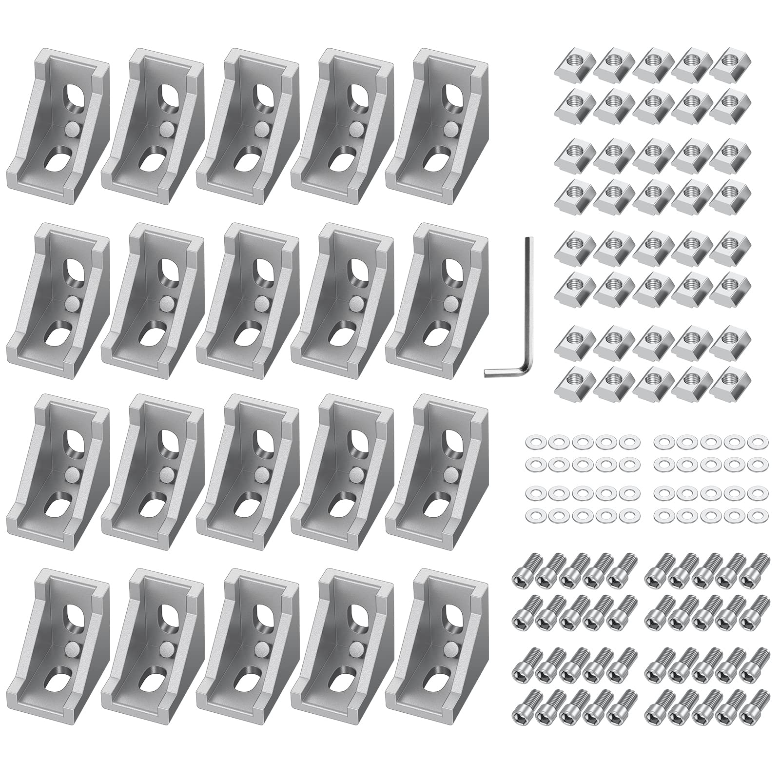 EYPINS 20 pièces Équerres de Fixation Aluminium 28x28x20mm - Pour Profilé à Rainure 6mm - Connecteurs d'Angle Droit avec Boulons M5x10mm - Série 2020