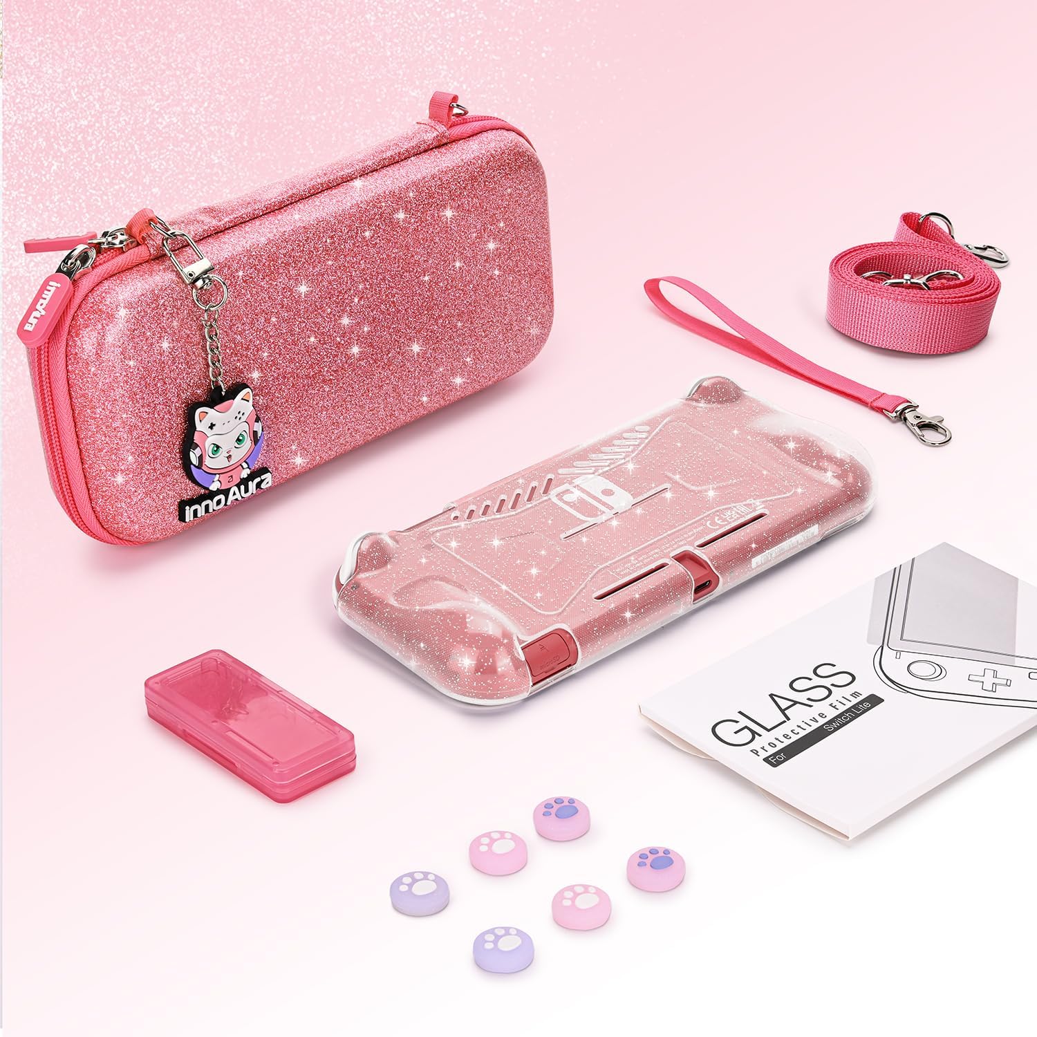 innoAura Switch Lite Case, 15-in-1 Accessories Set with Carrying Case, Screen Protector, Cat Thumb Caps (Glitter Pink)